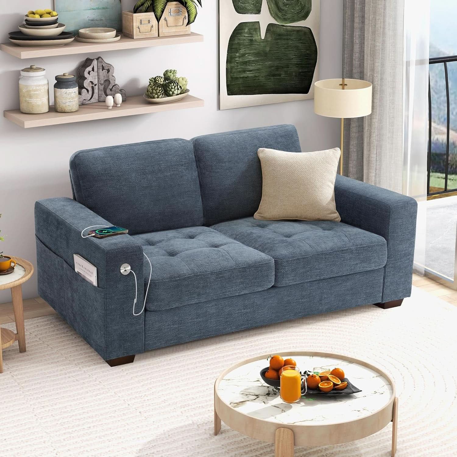 70 Inch Beige Loveseat With USB Type C Ports Living Room