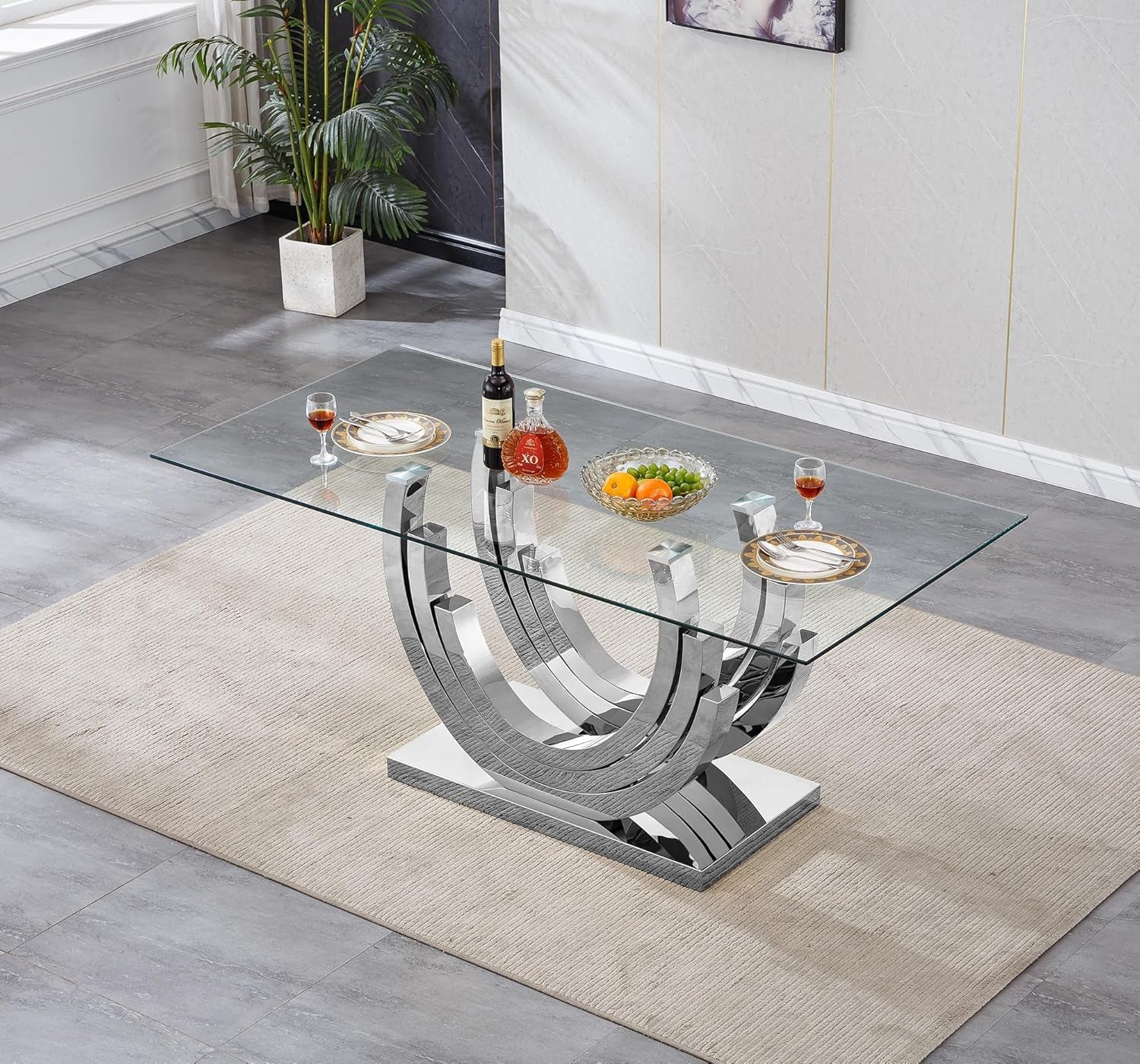 70-Inch Tempered Glass Rectangular Dining Table Silver Base