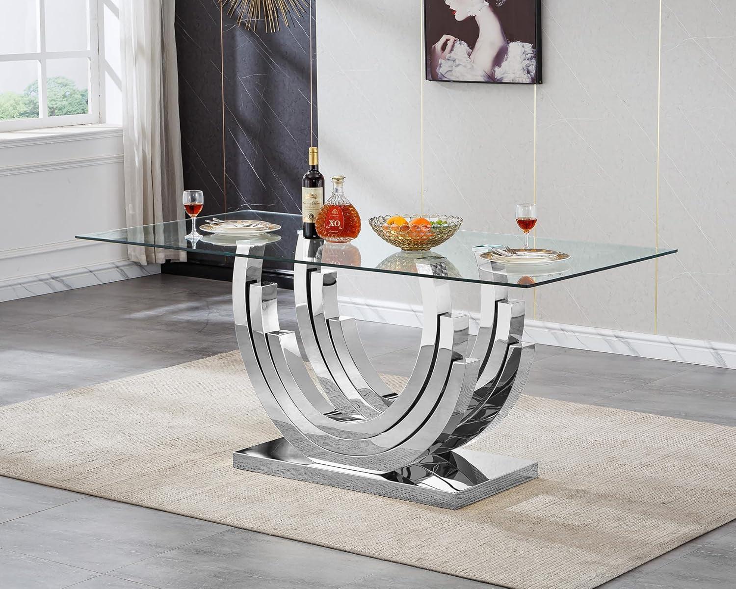 70-Inch Tempered Glass Rectangular Dining Table Silver Base