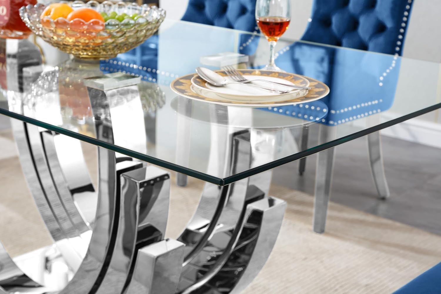 70-Inch Tempered Glass Rectangular Dining Table Silver Base