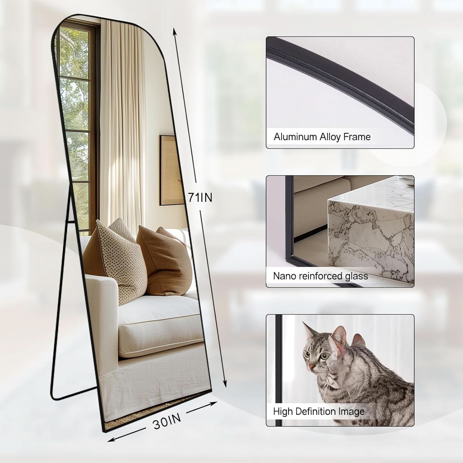 71 Inch Black Oversized Full Length Arch Floor Mirror