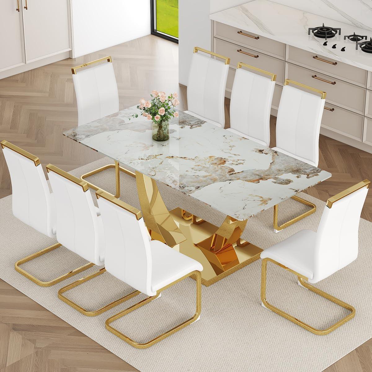 71 Inch Faux Marble Dining Table Tempered Glass Top