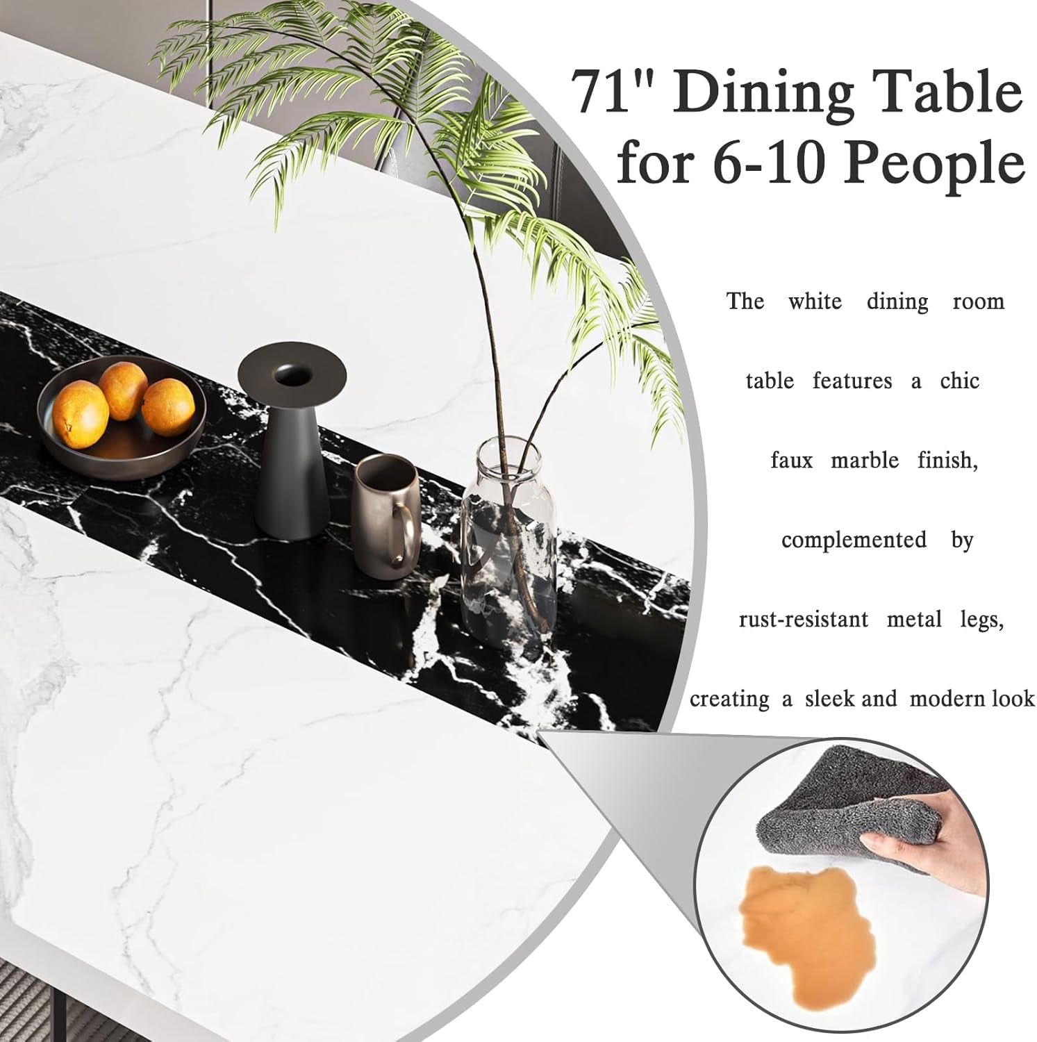71 Inch Faux Marble Dining Table White Rectangular