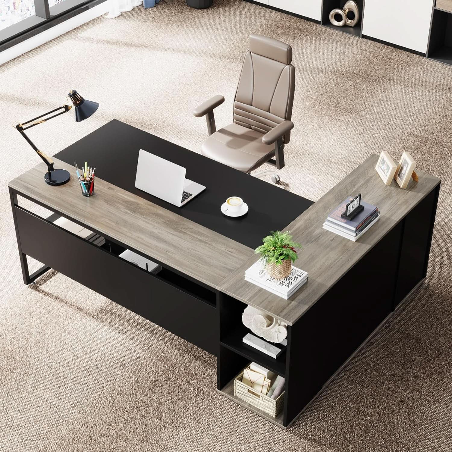 71 Inch Gray L Shaped Desk With Cabinet Storage For Home Office