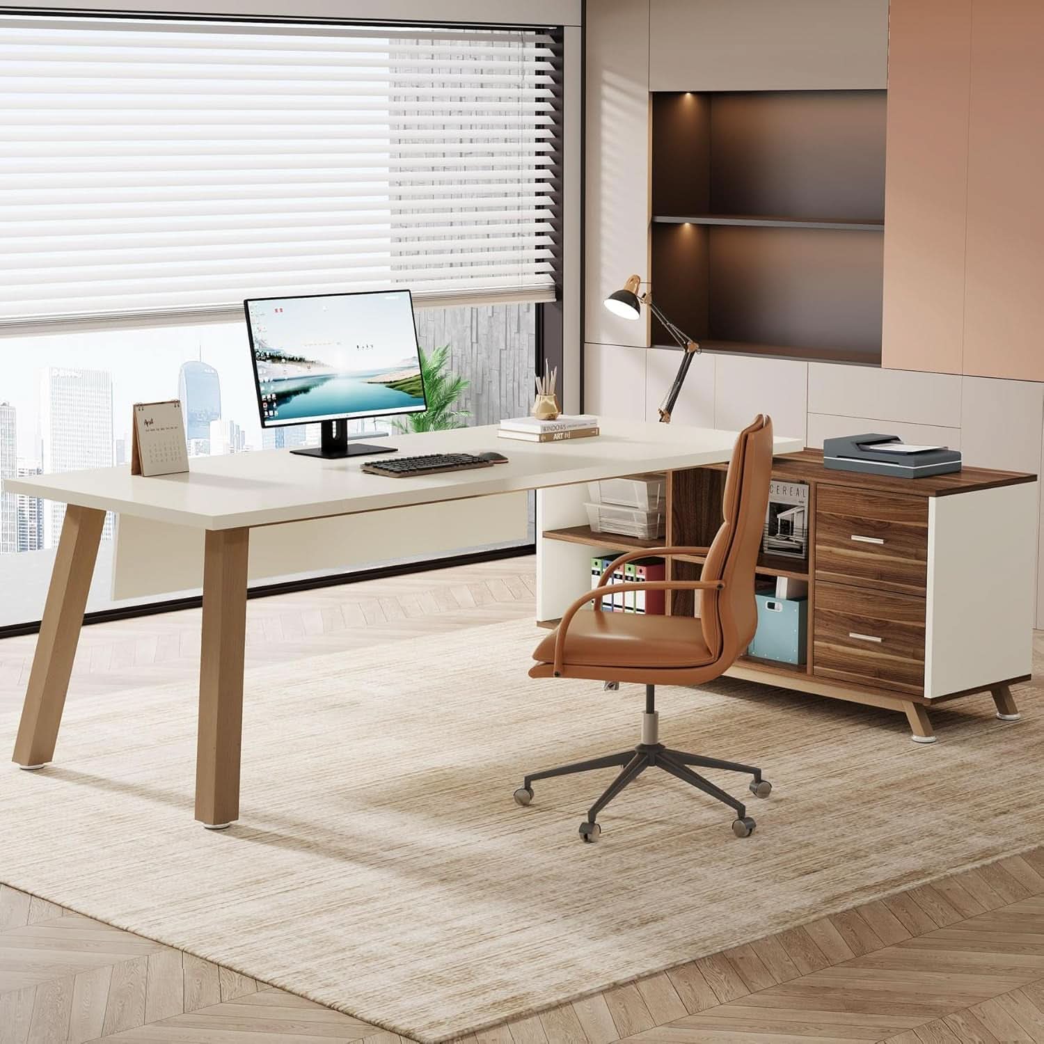 71 Inch Walnut White L Shaped Desk With 55 Inch Cabinet