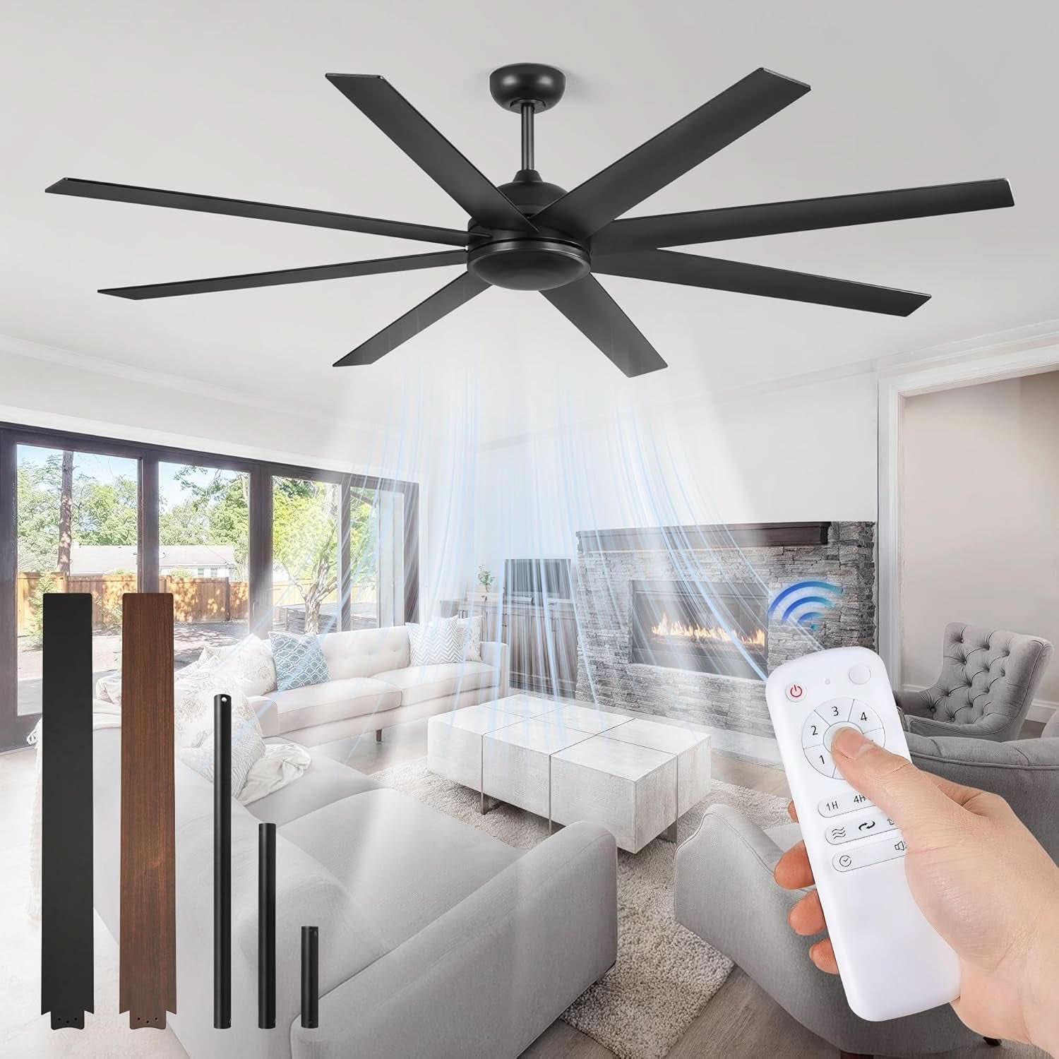 72 Inch Black Ceiling Fan With Remote DC Motor For Indoor Outdoor