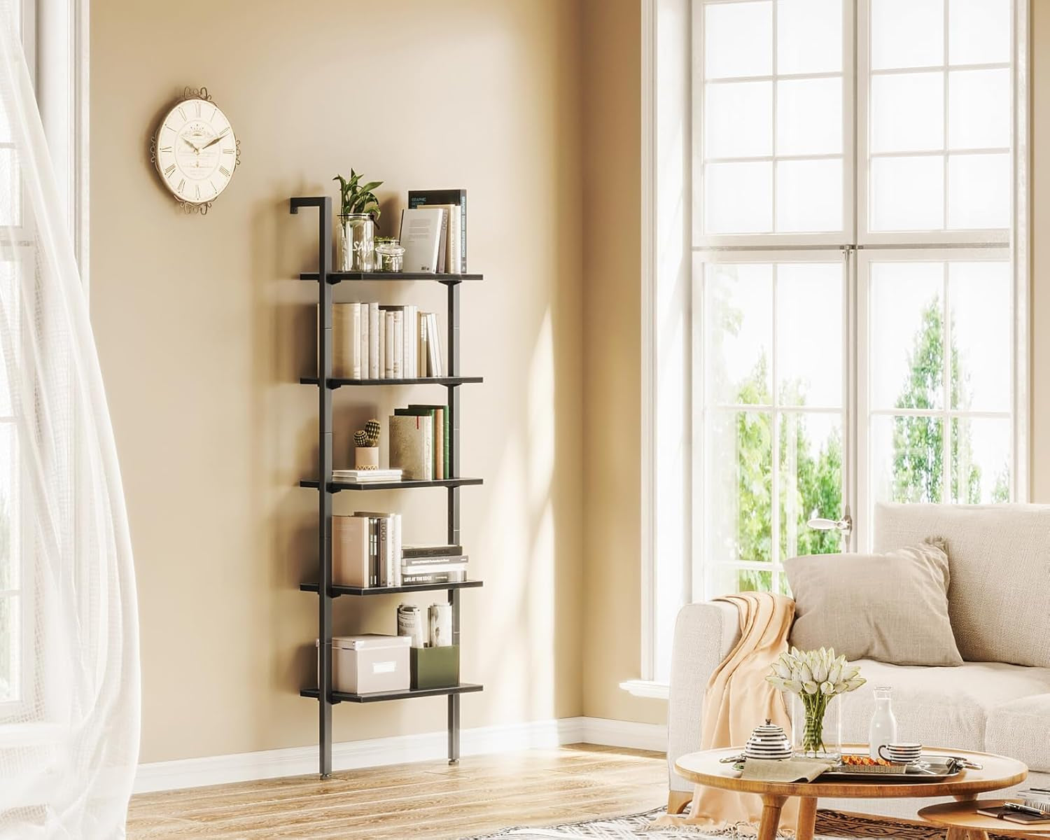 72 Inch Black Metal Frame Ladder Shelf Five Tier Wall Mount