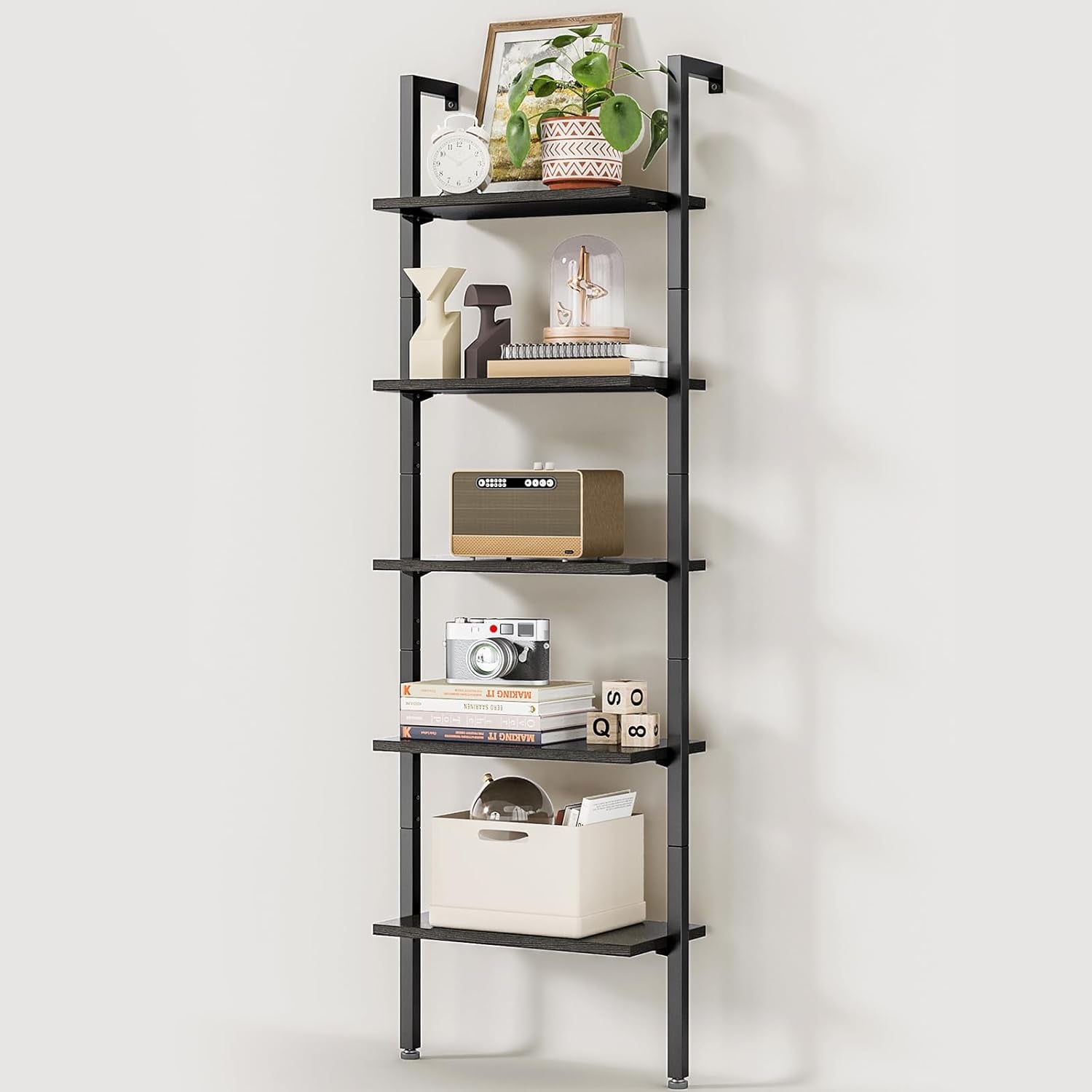 72 Inch Black Metal Frame Ladder Shelf Five Tier Wall Mount
