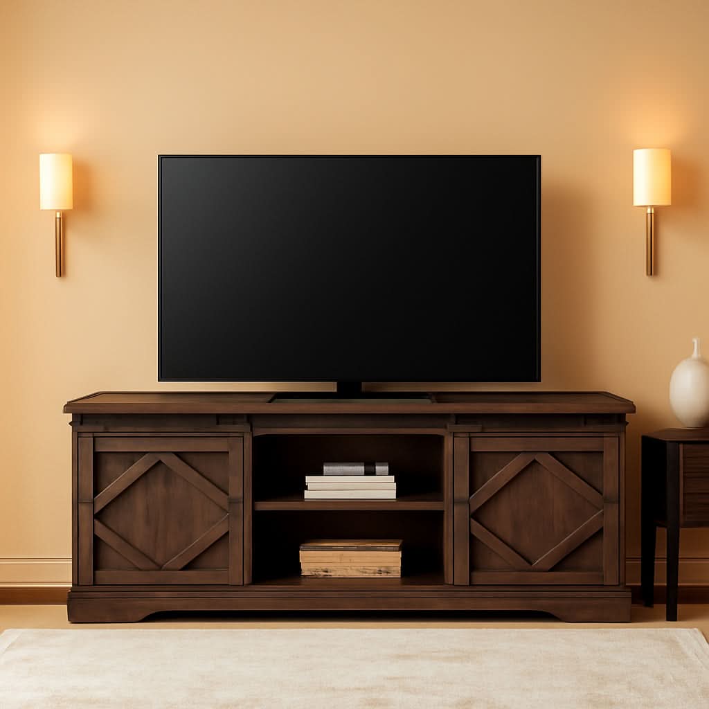 75 Inch Rustic Brown Barn Door TV Stand With Storage