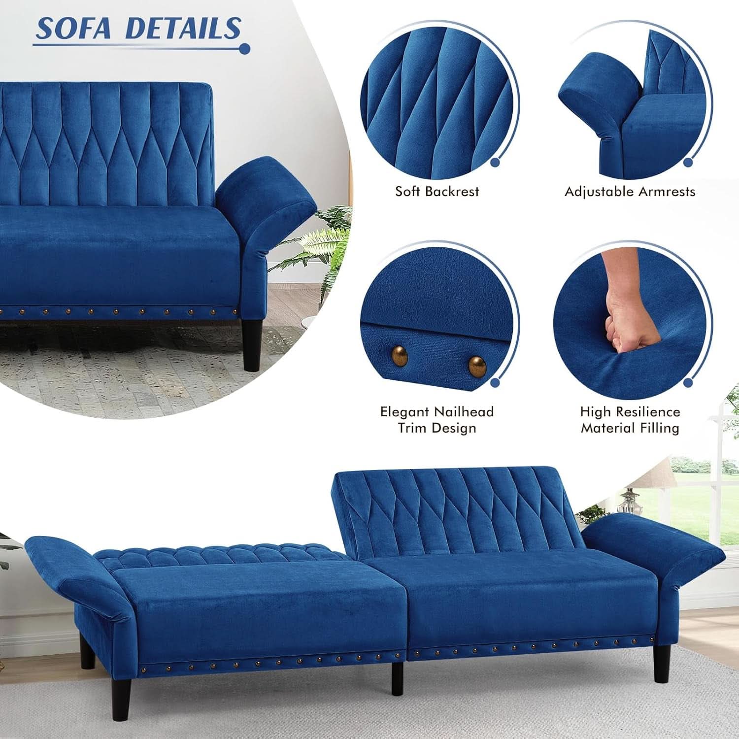 77Inch Velvet Convertible Sofa Bed Featuring Armrests