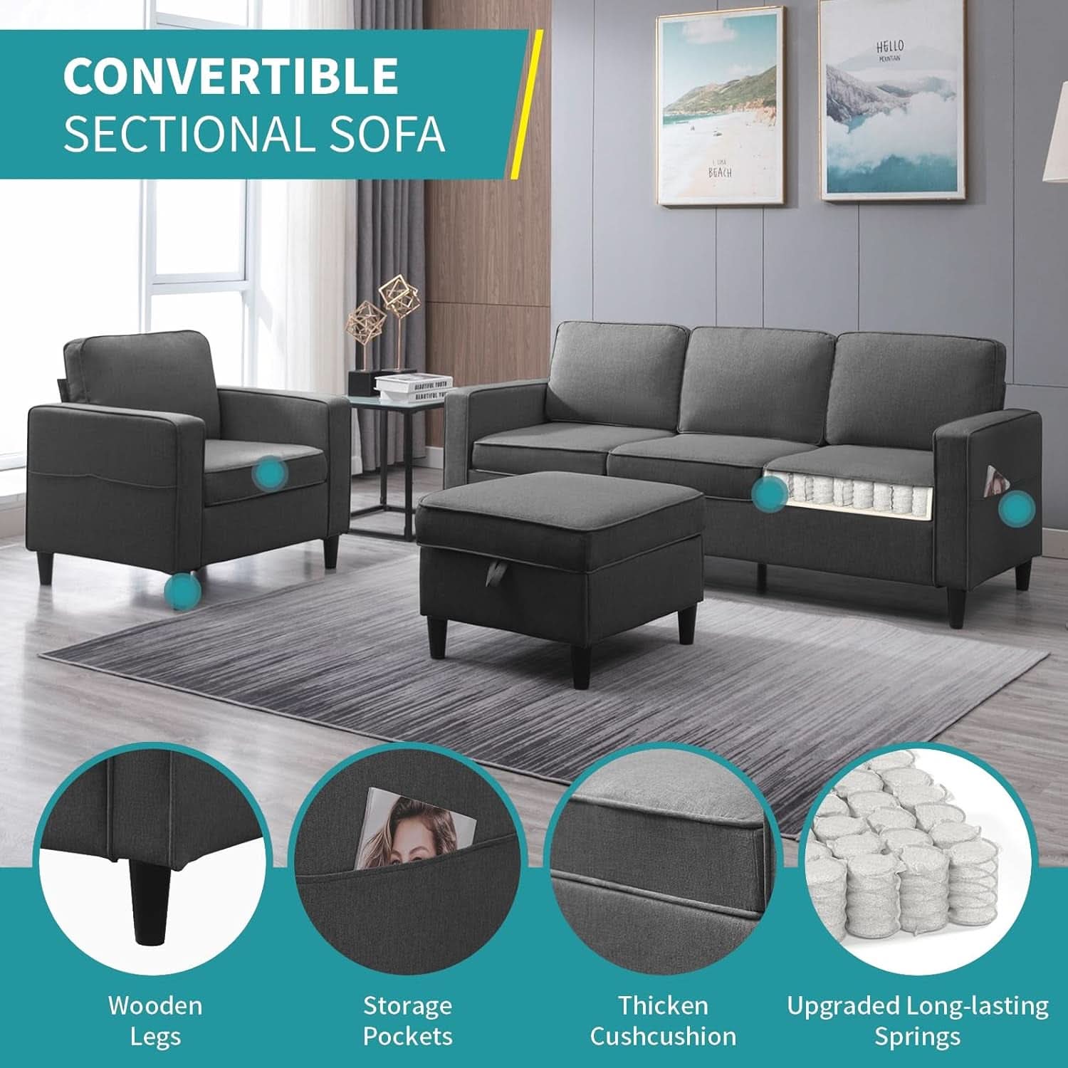 78 Inch Linen Sectional Sofa Set With Storage Ottoman