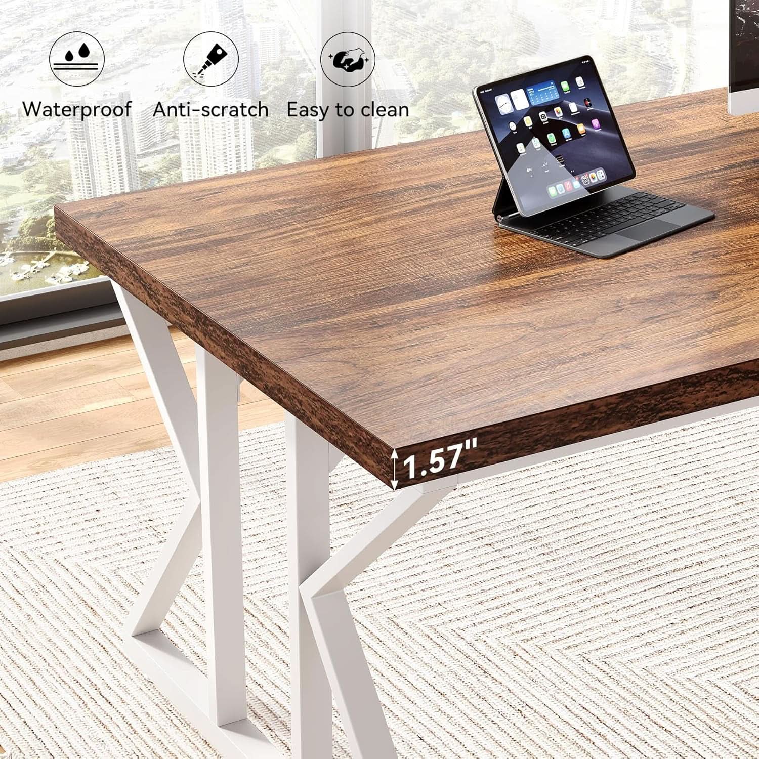 78.7 Inch Rustic Executive Desk For Home Office Brown-White