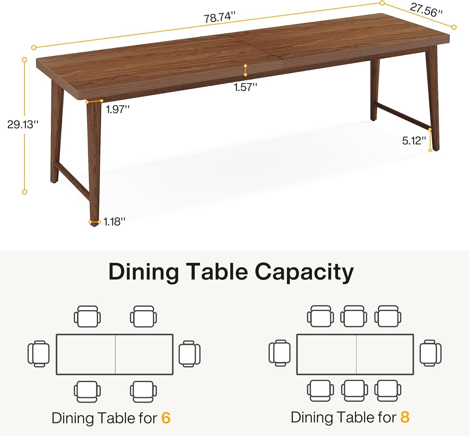 78.7 Inch Walnut Dining Table With Metal Legs Mid Century