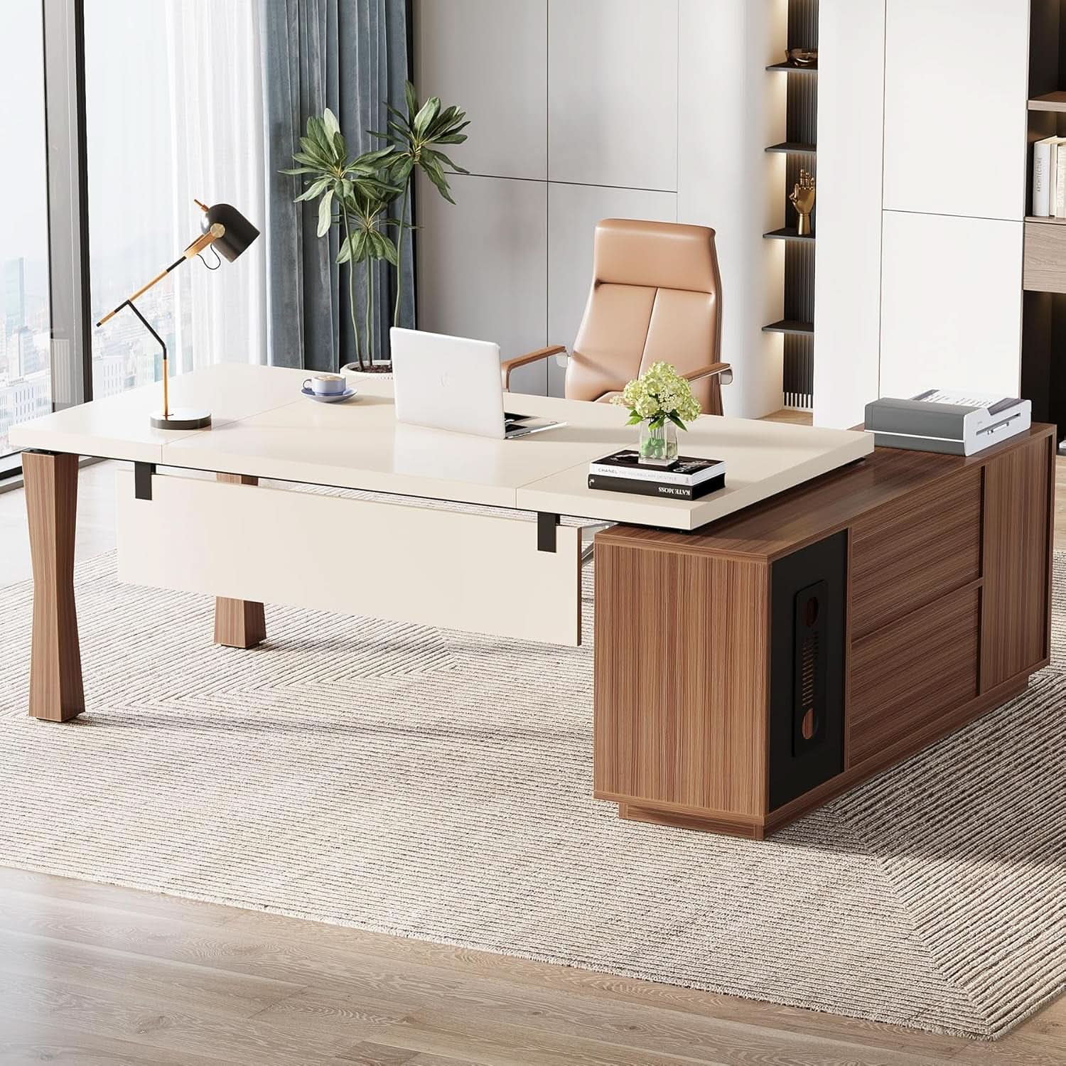 79 Inch Cream White L Shaped Executive Desk With Storage