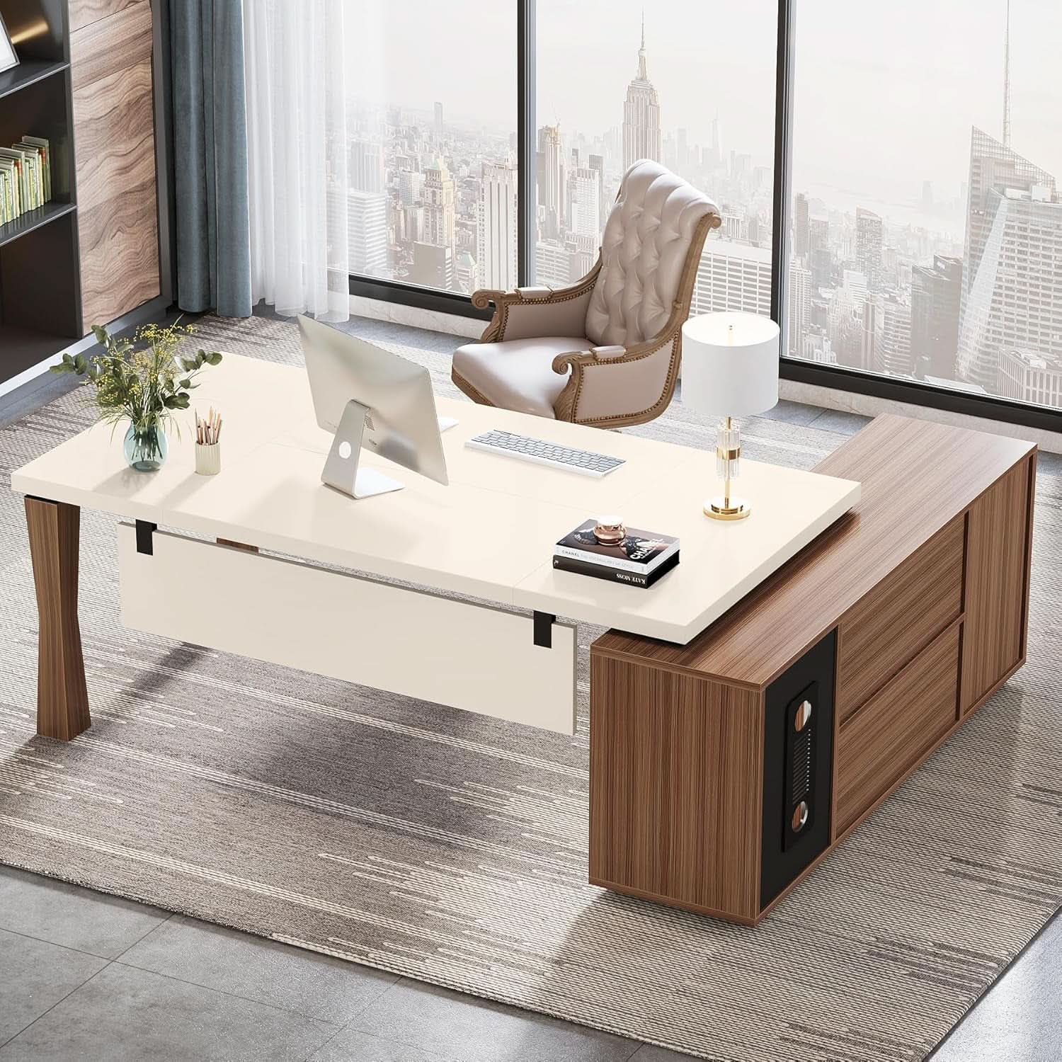 79 Inch Cream White L Shaped Executive Desk With Storage