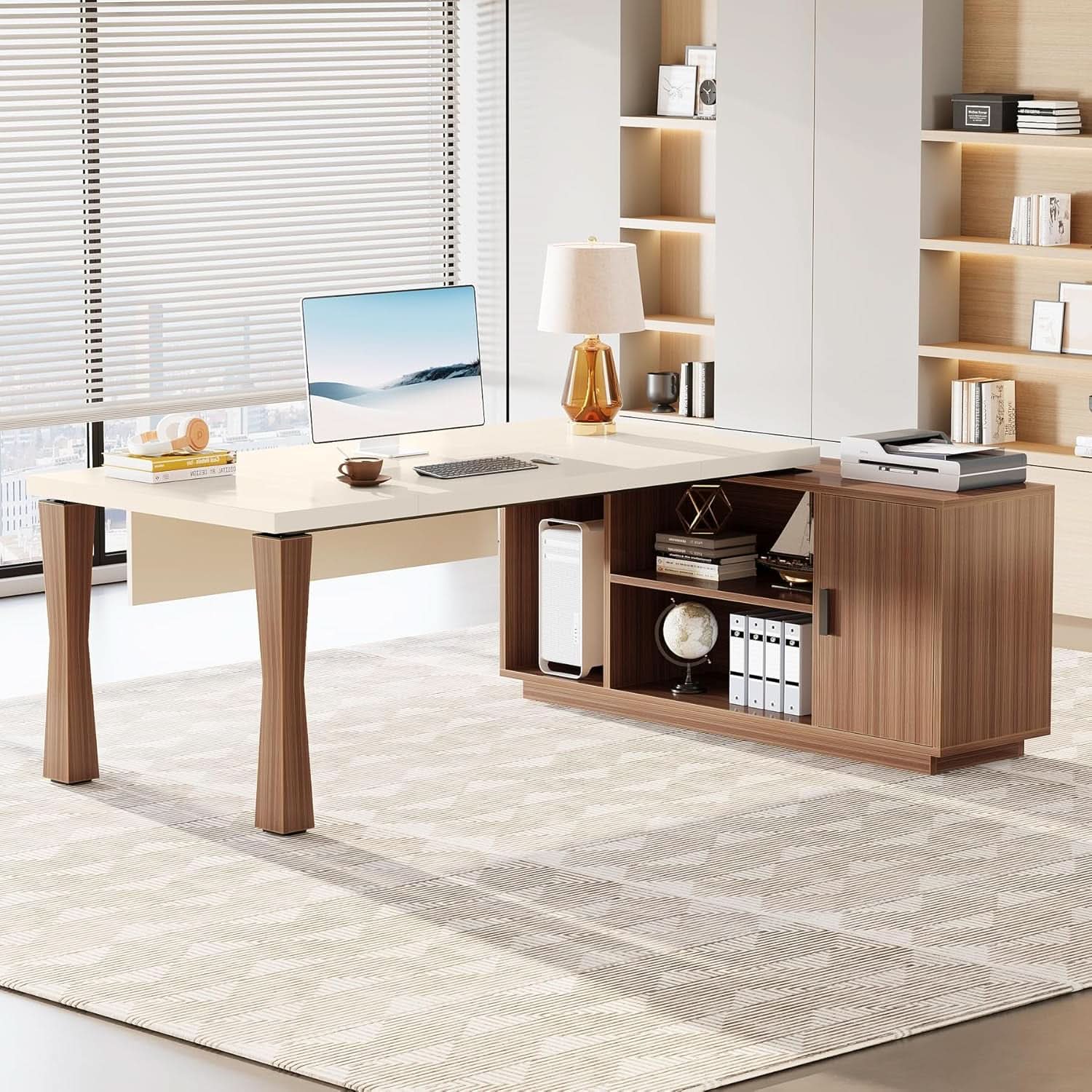 79 Inch Cream White L Shaped Executive Desk With Storage