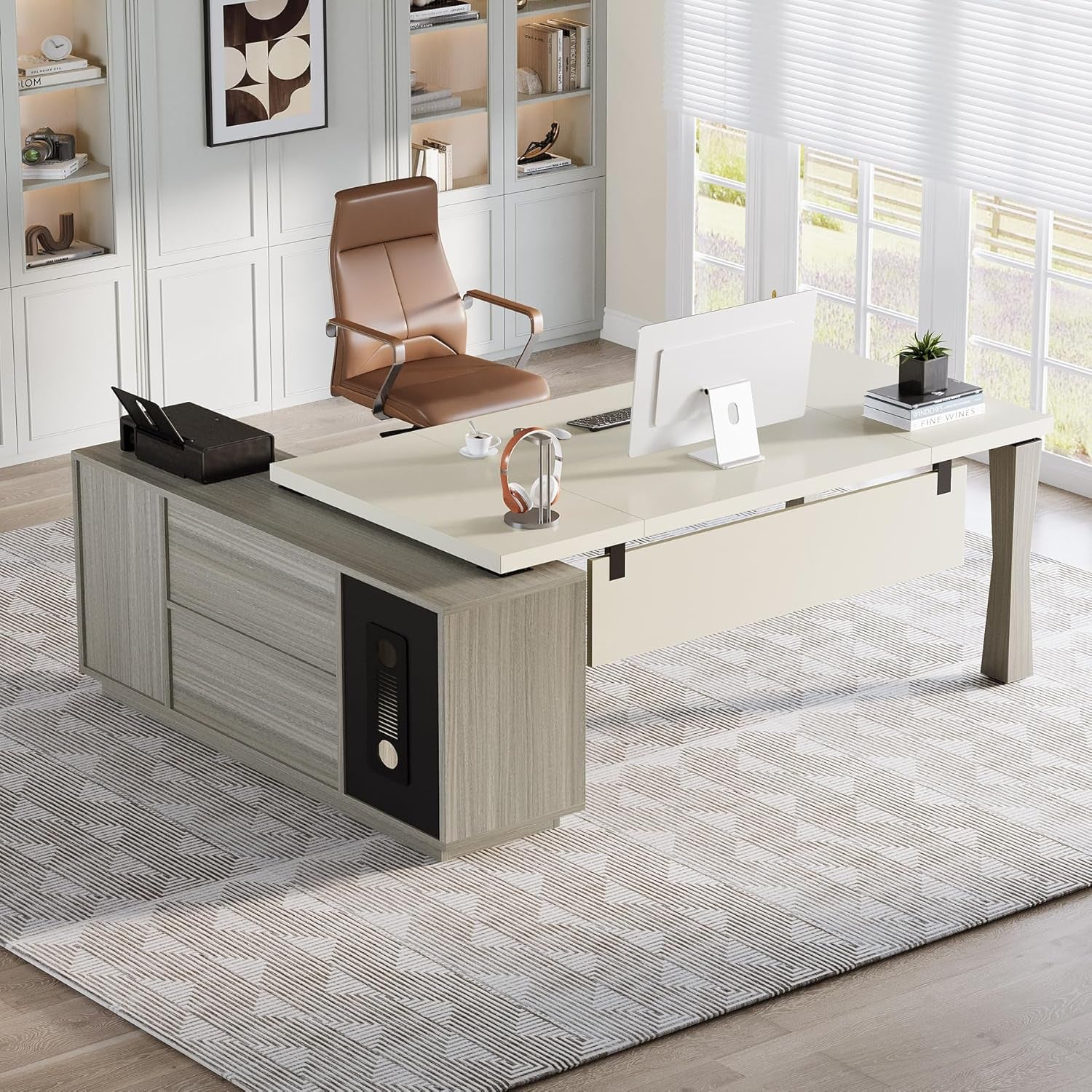 79 Inch L Shaped Desk Gray Cream White With Storage
