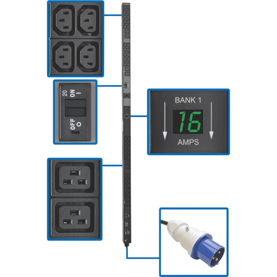 7.7kW Single-Phase Local Metered PDU, 210-240V Outlets (8 C19 and 40 C13), IEC-309 32A Blue Input, 10 ft. Cord, 0U Vertical, TAA, 70 in. PDUMV32HV