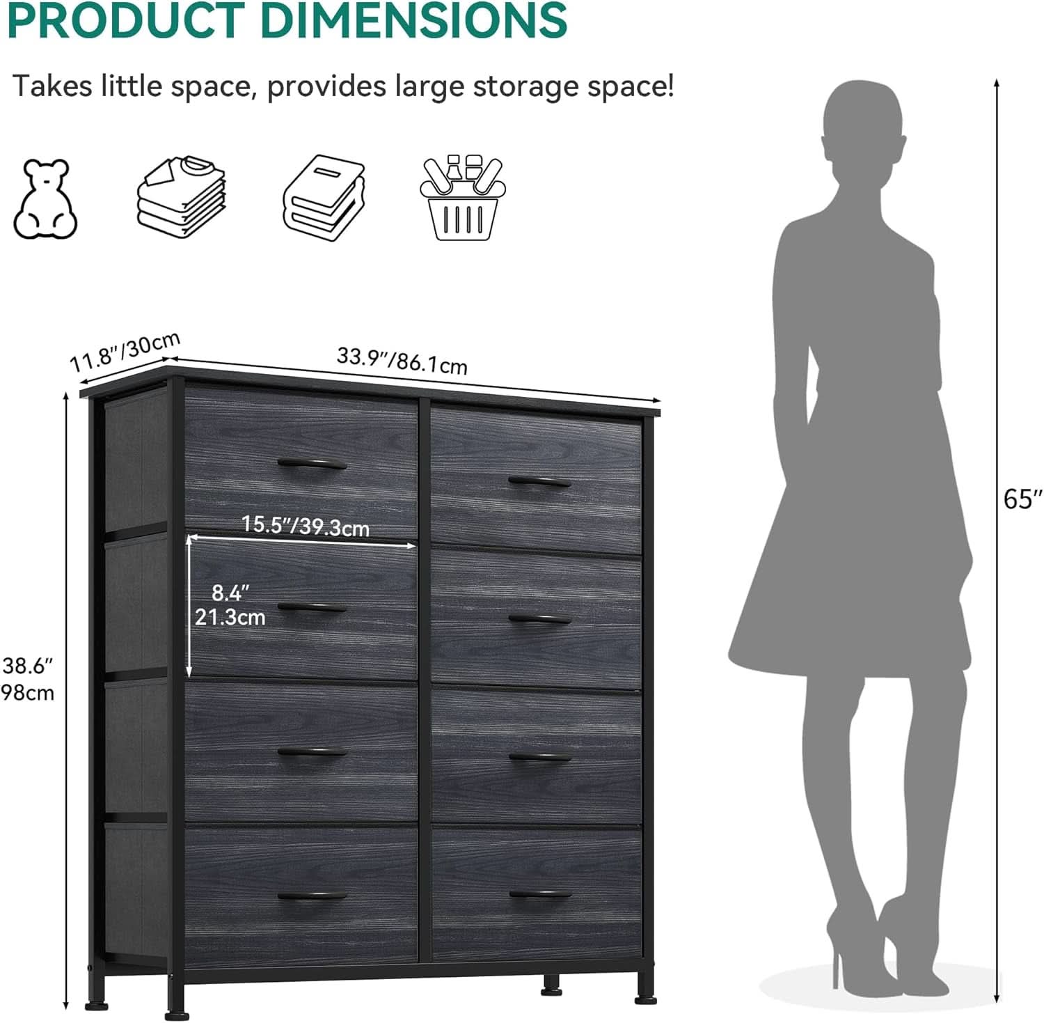 8 Drawer Fabric Storage Tower With Wooden Top For Home