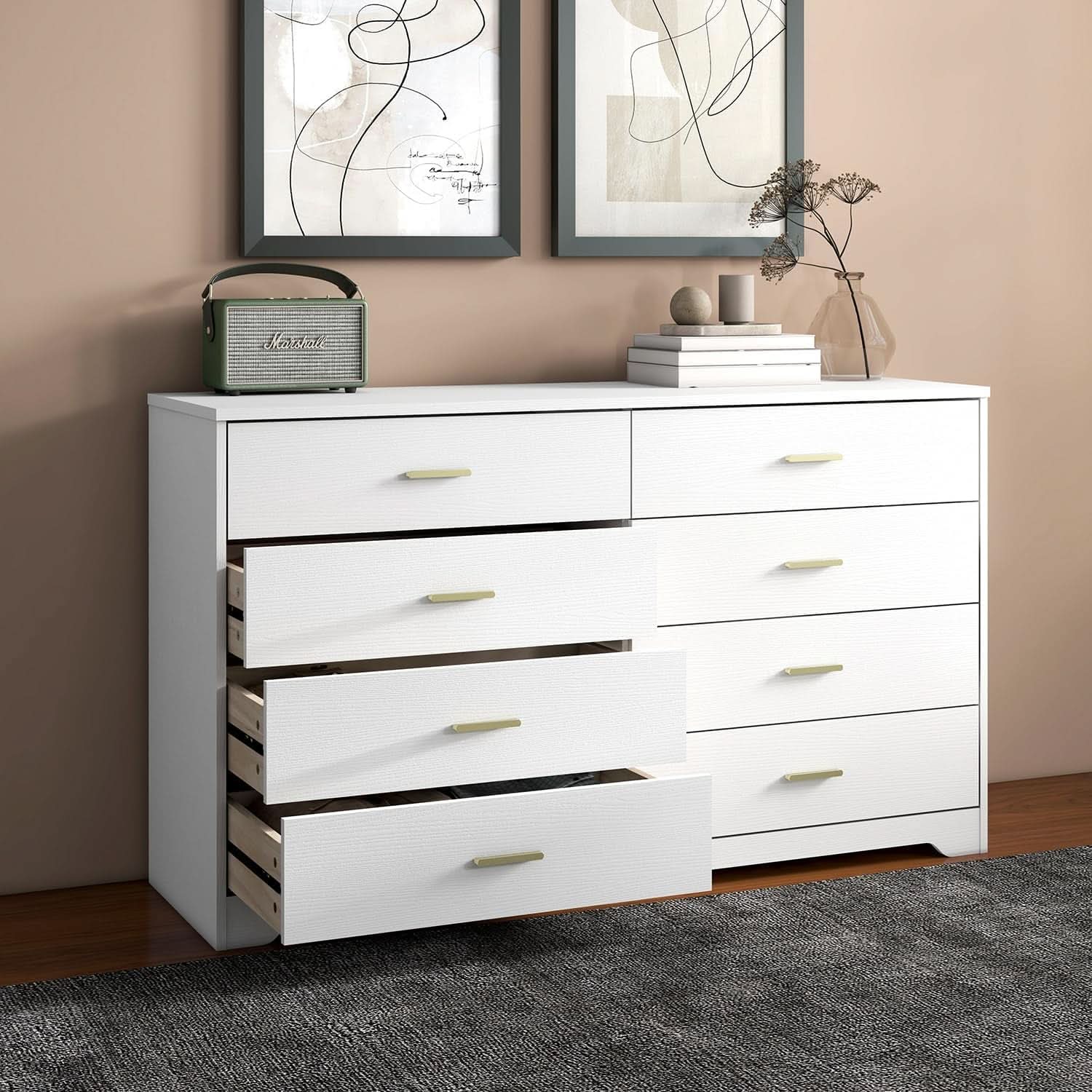 8 Drawer White Wood Lateral Dresser With Gold Handles