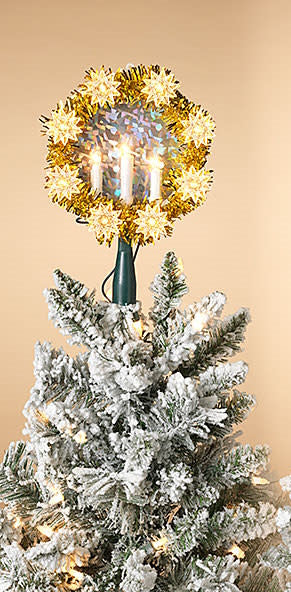 8 Inch Round Candle Tinsel Tree Topper - 11 Lights - Gold