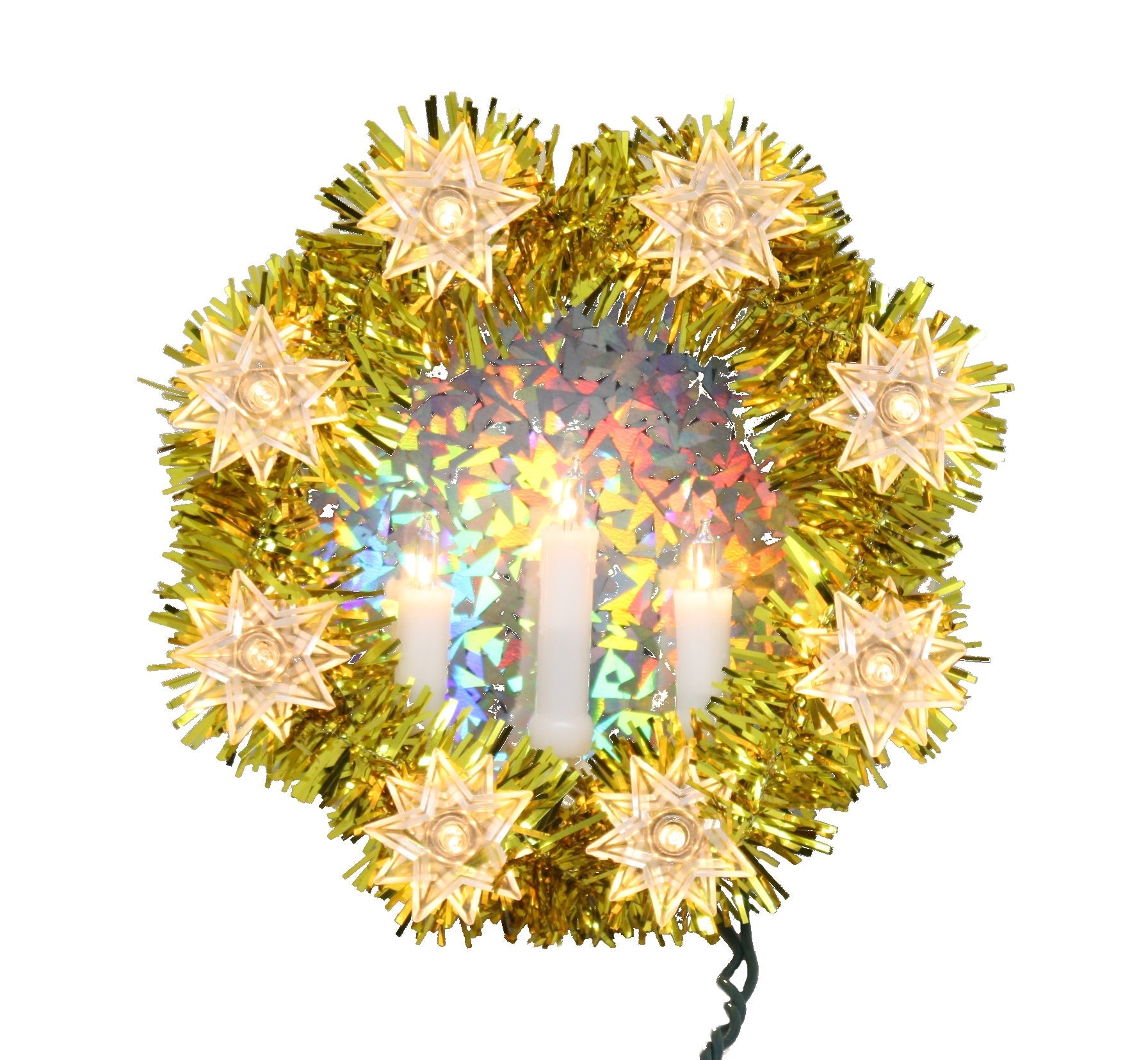 8 Inch Round Candle Tinsel Tree Topper - 11 Lights - Gold
