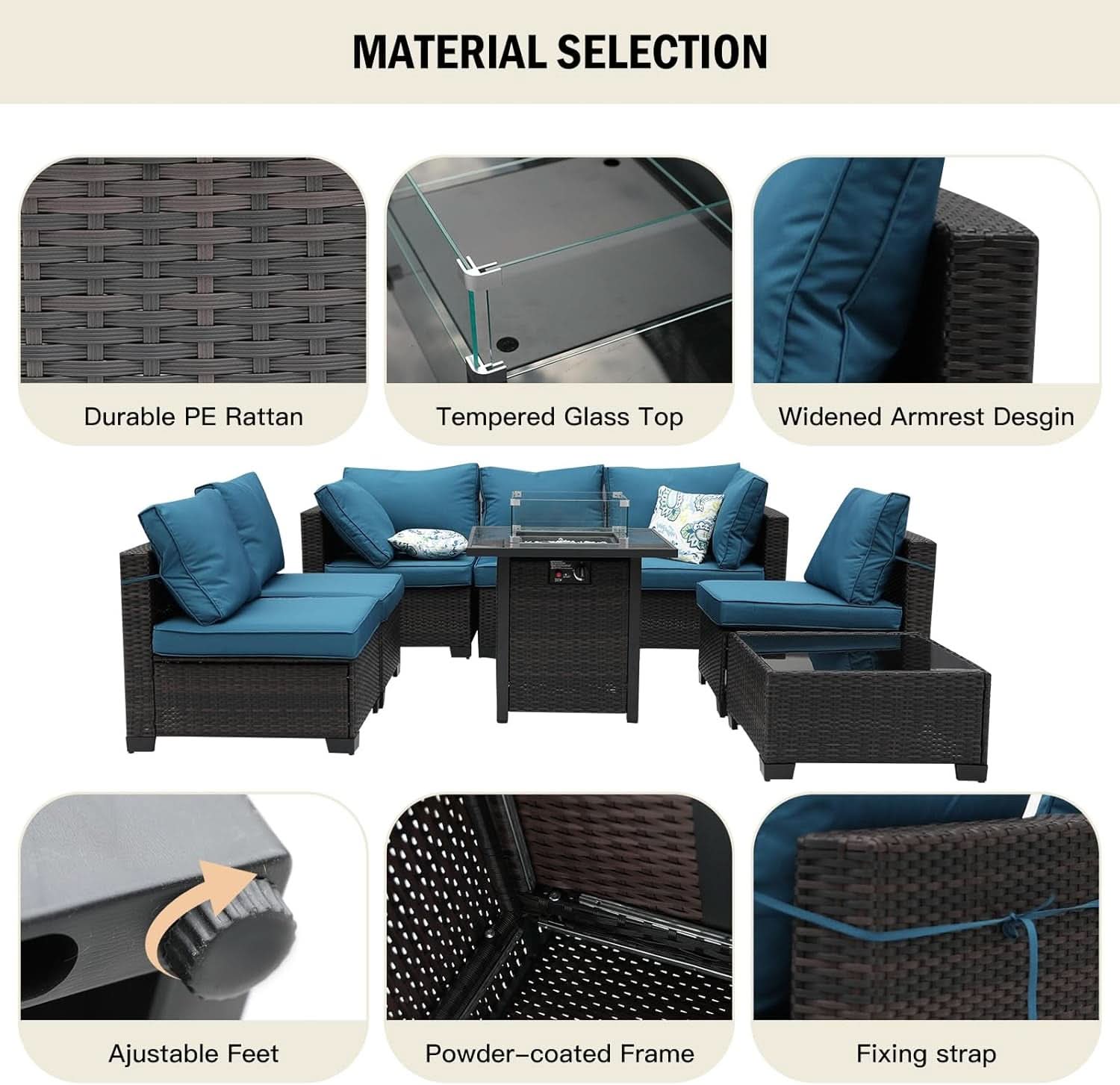 8 Piece Rattan Patio Set With 28In Gas Fire Pit Brown Blue