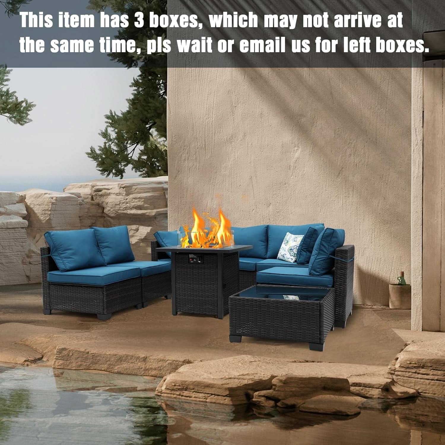 8 Piece Rattan Patio Set With 28In Gas Fire Pit Brown Blue