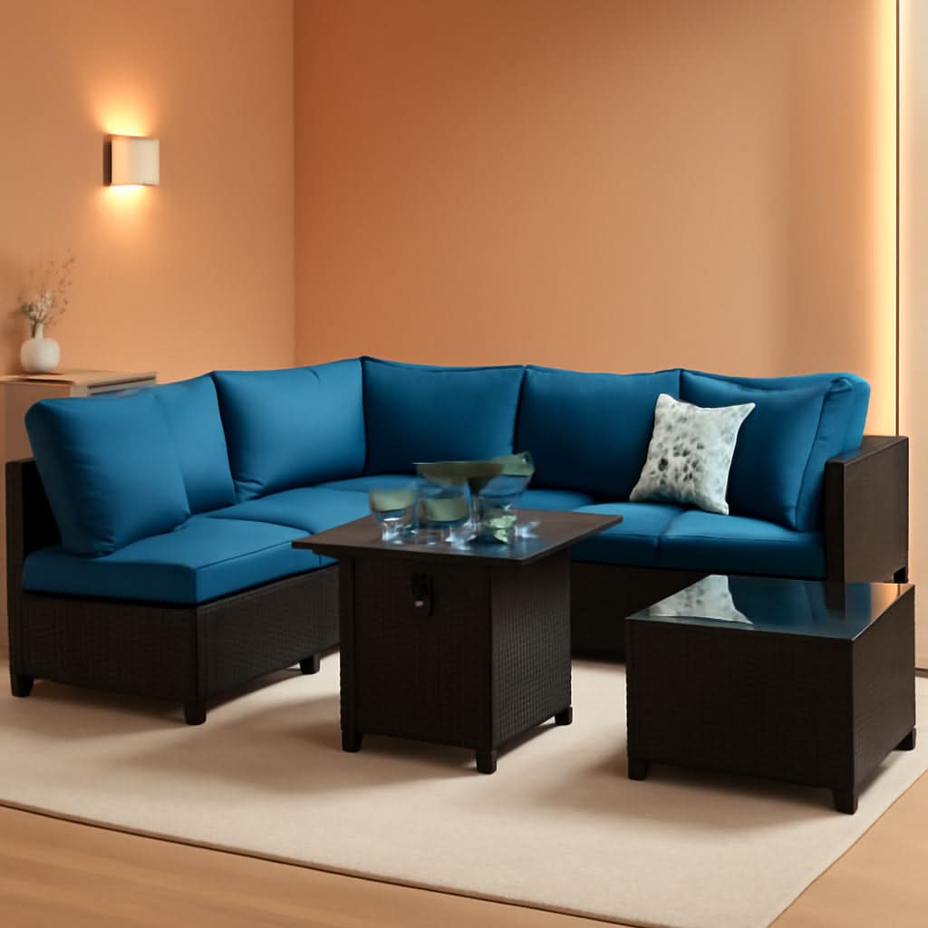 8 Piece Rattan Patio Set With 28In Gas Fire Pit Brown Blue