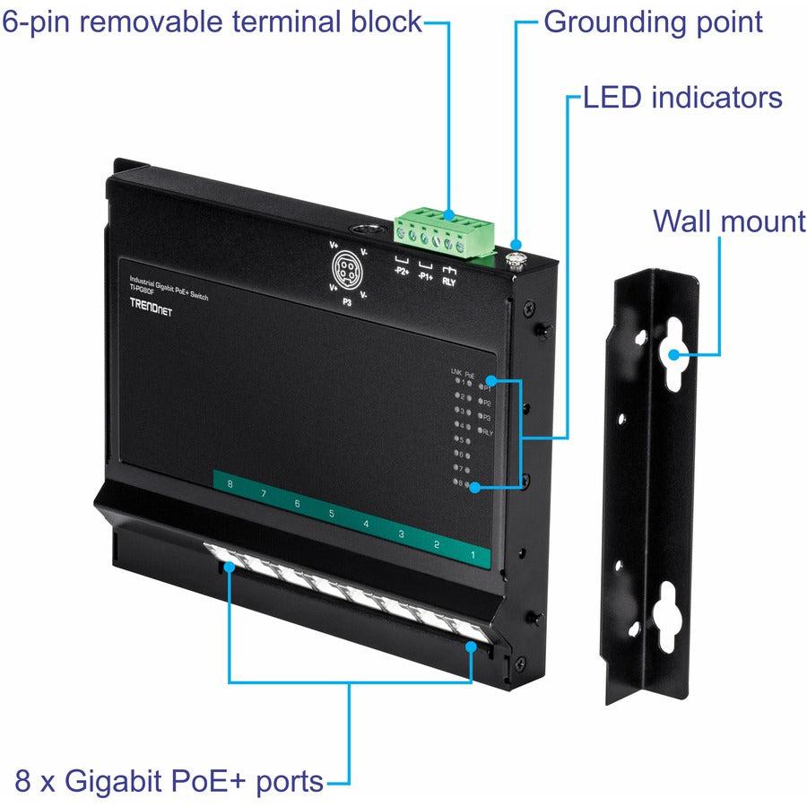 8-Port Industrial Gigabit PoE+ Wall-Mounted Front Access Switch TI-PG80F