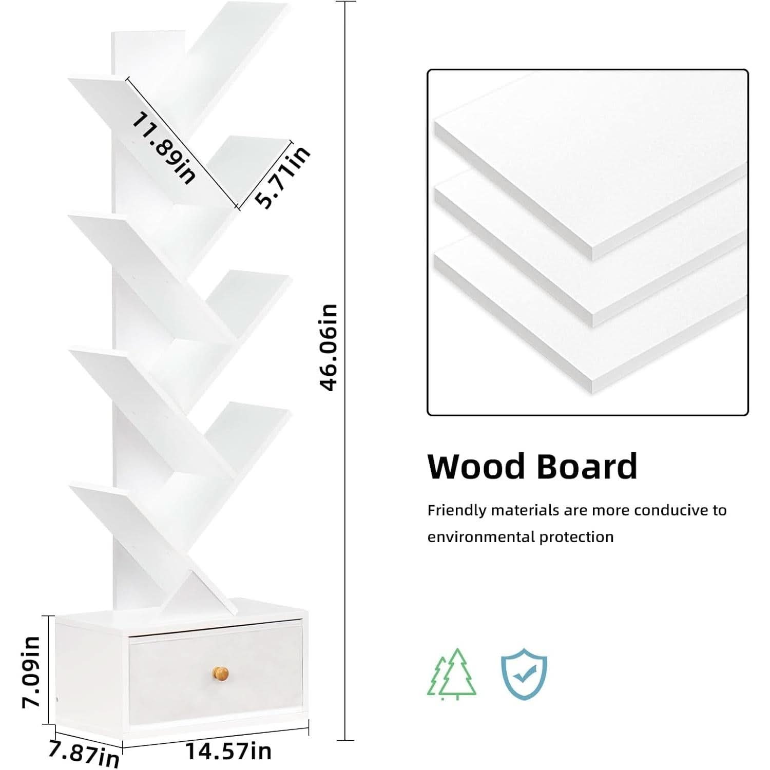 8 Tier Tree Bookshelf With Drawer White Wood Space Saving