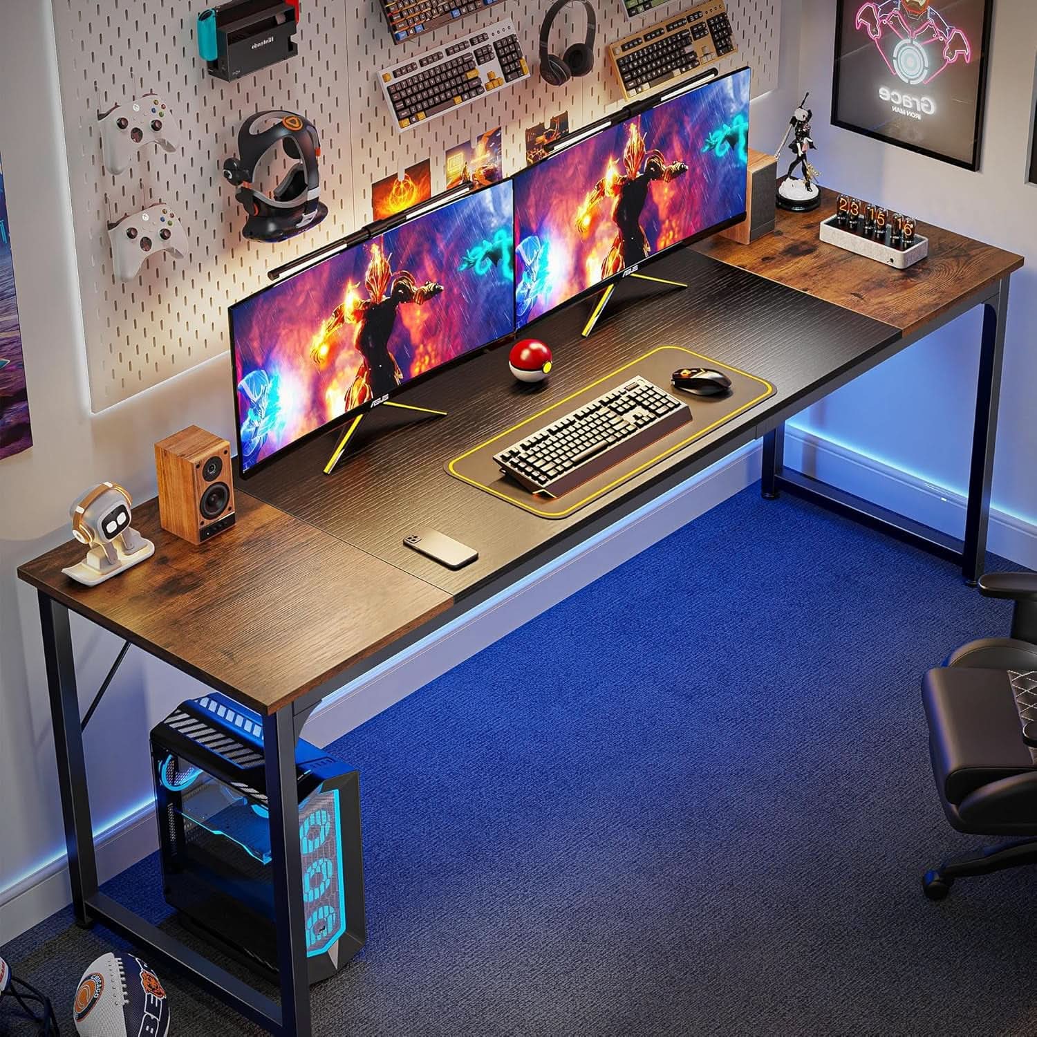 80 Inch Rustic Brown And Black Gaming Desk With Storage