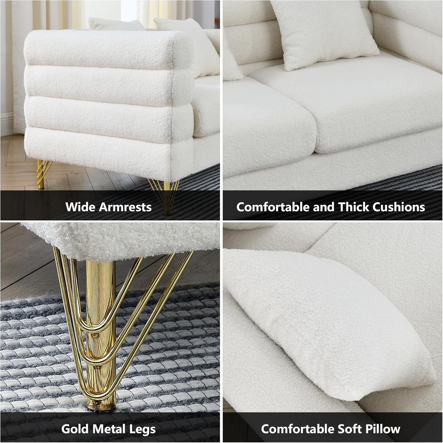 81 Inch Oversized White L Shaped Teddy Corner Sofa 5 Seater