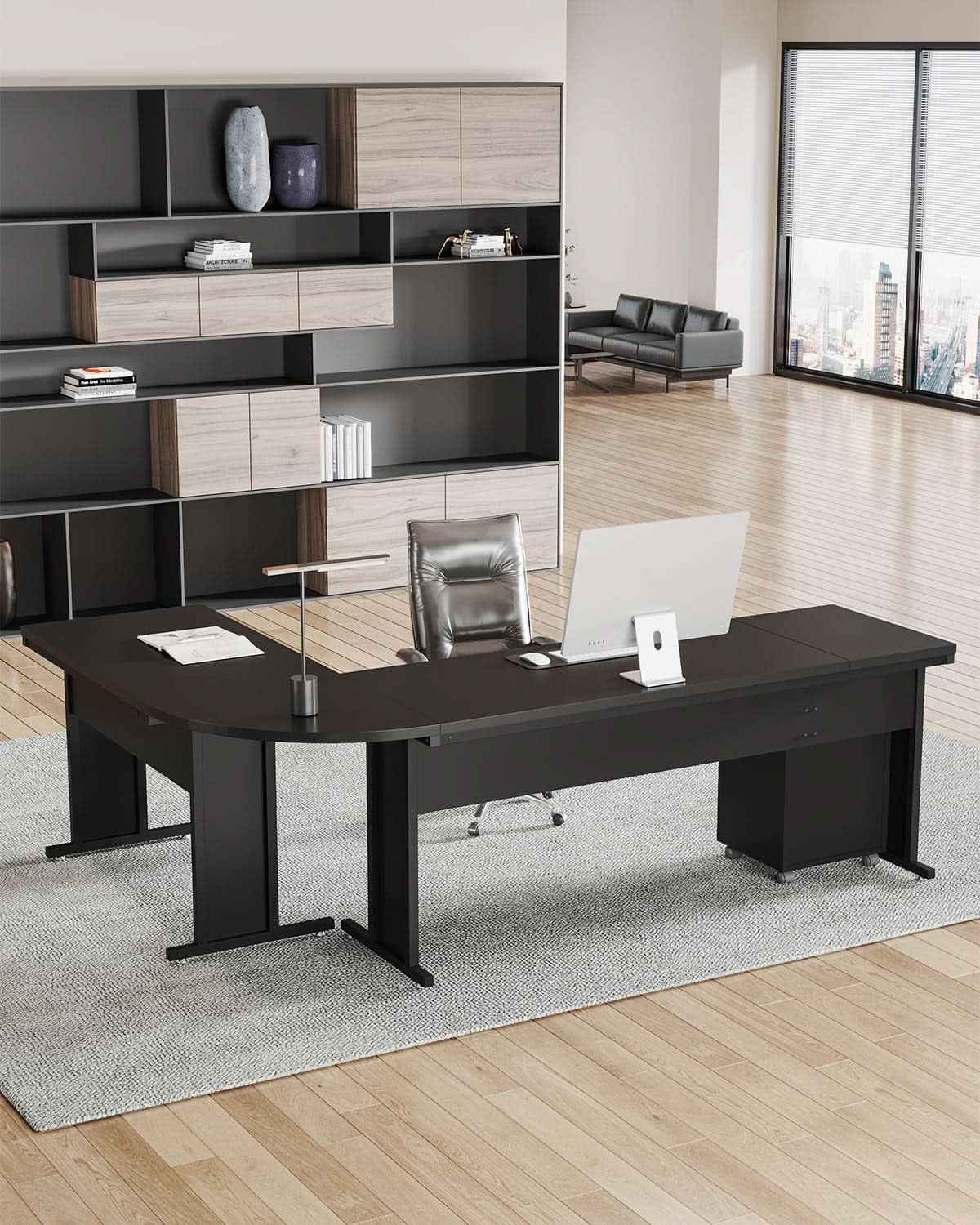 83 Inch L Shaped Desk With 3 Drawer File Cabinet Office
