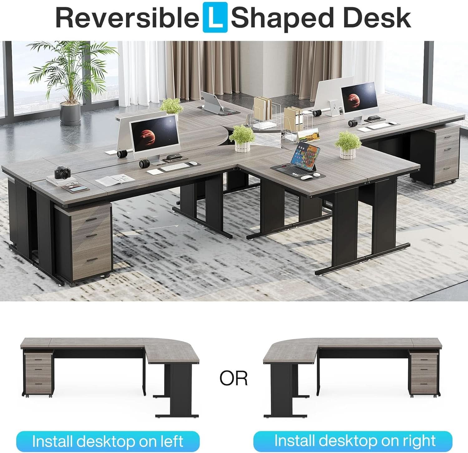 83 Inch L Shaped Desk With Gray Three Drawer File Cabinet