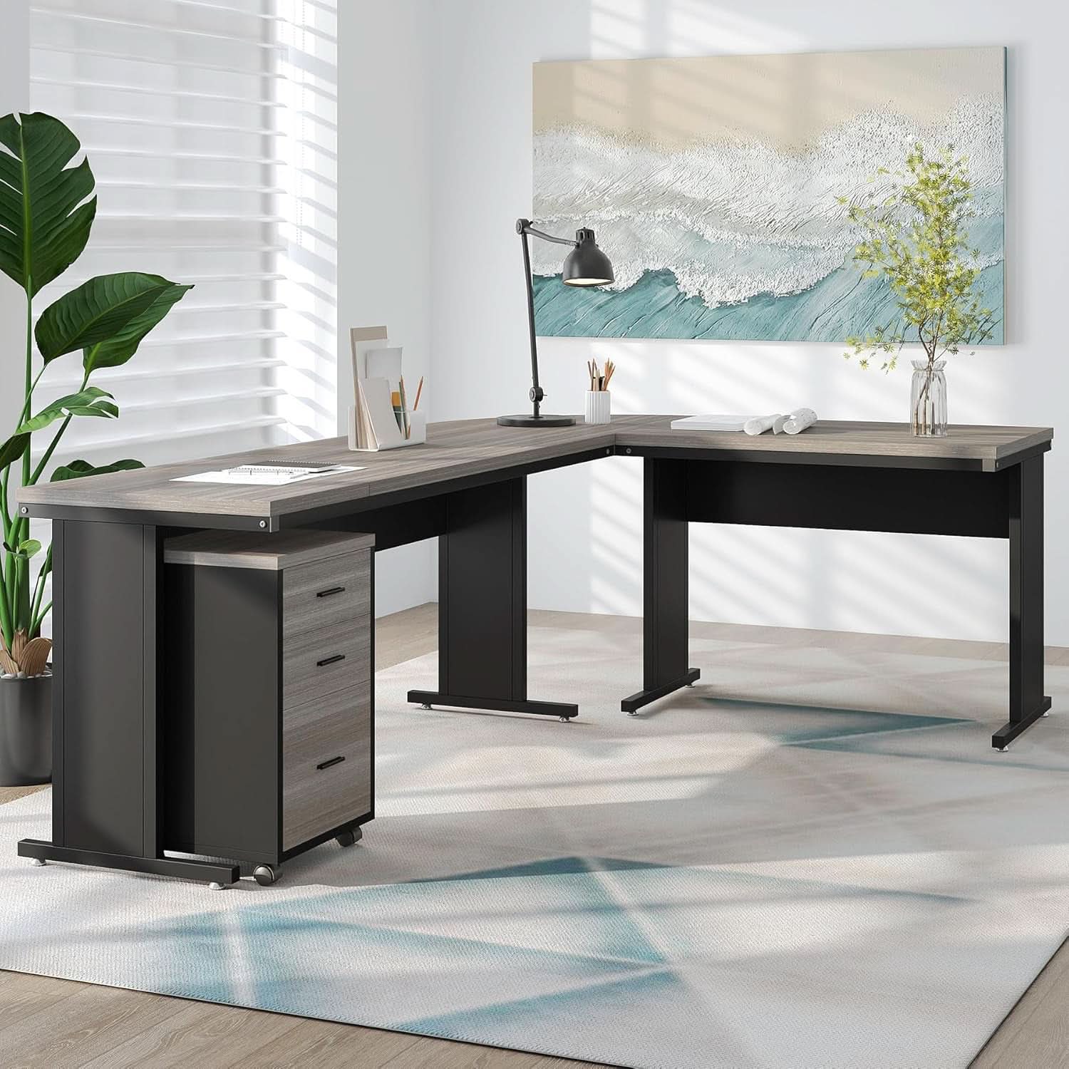 83 Inch L Shaped Office Desk Gray Executive Desk Large