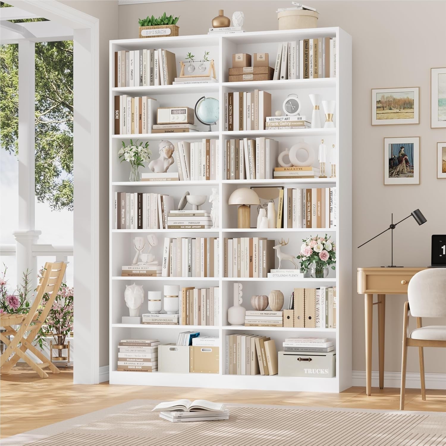 83 Inch Tall White Dual Row Seven Tier Storage Bookshelf