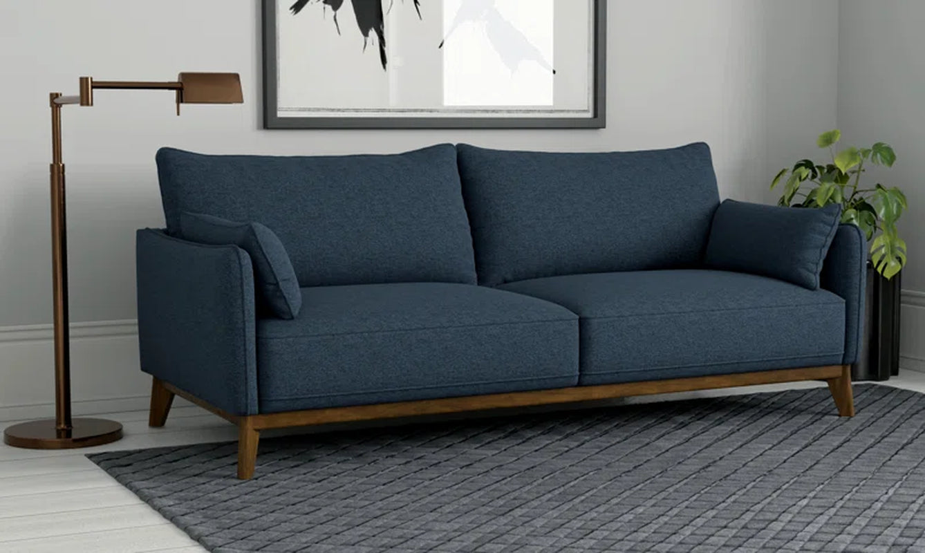 84 Inch Denim Upholstered Sofa With Dark Brown Wood Legs