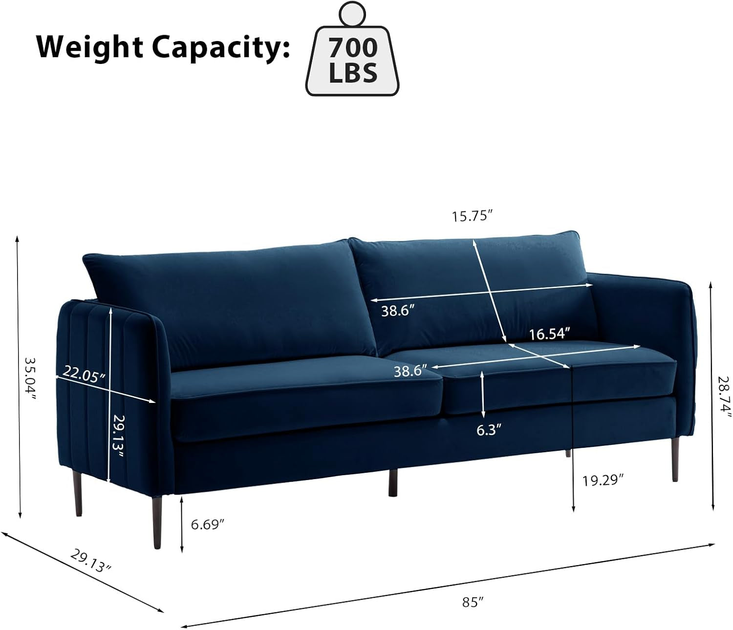 85 Inch Velvet Navy Loveseat Sofa Mid Century Design