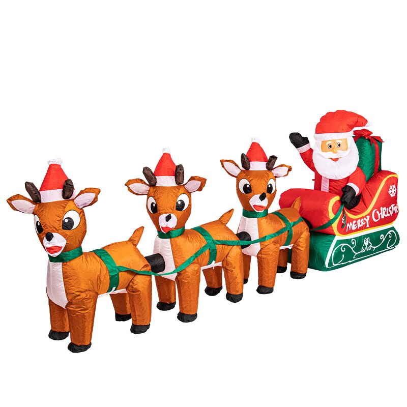 8Ft Long Lighted Christmas Santa Claus On Sleigh With 3 Reindeer