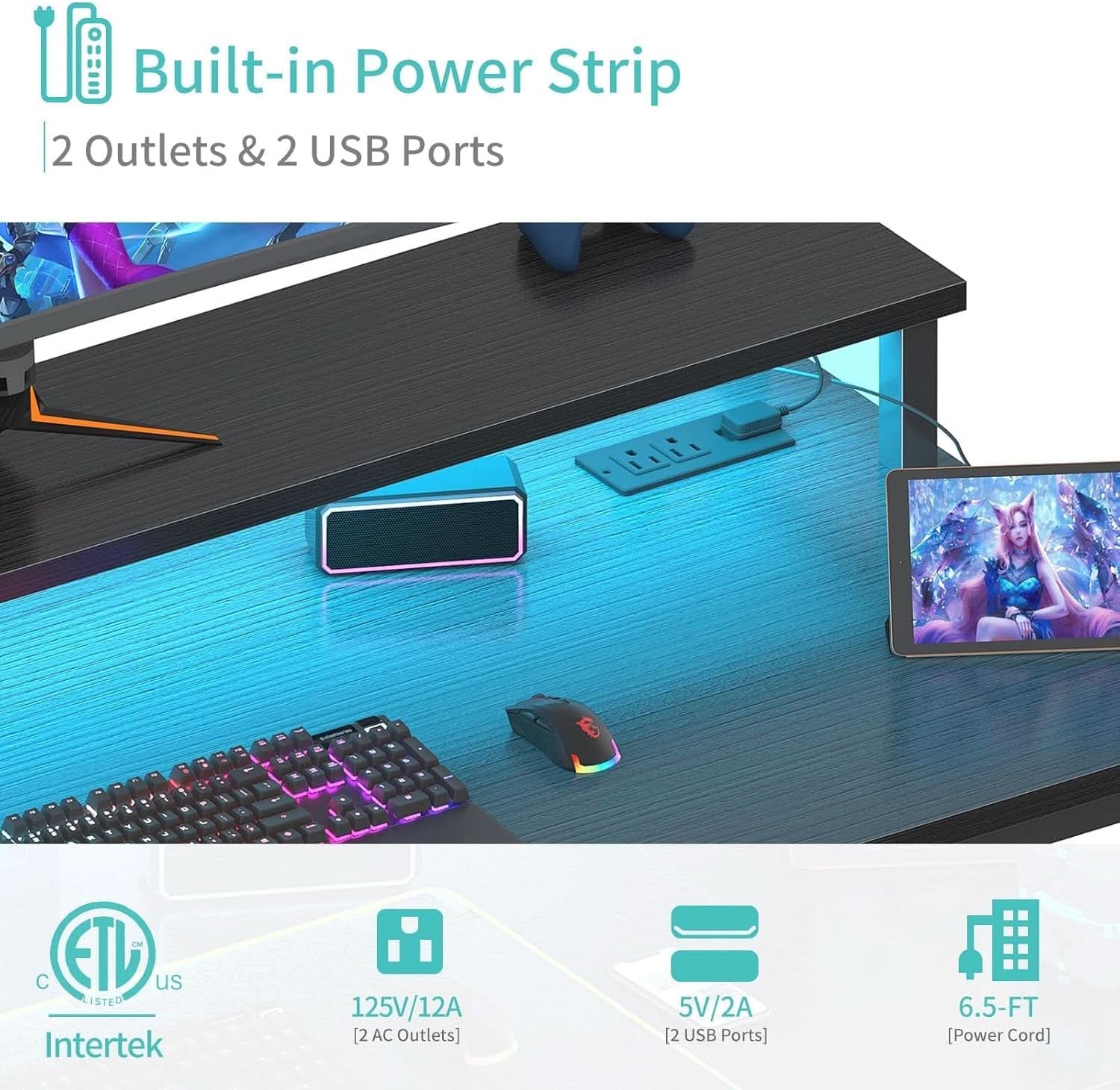 Black 40 Inch RGBIlluminated Gaming Desk With USB Ports
