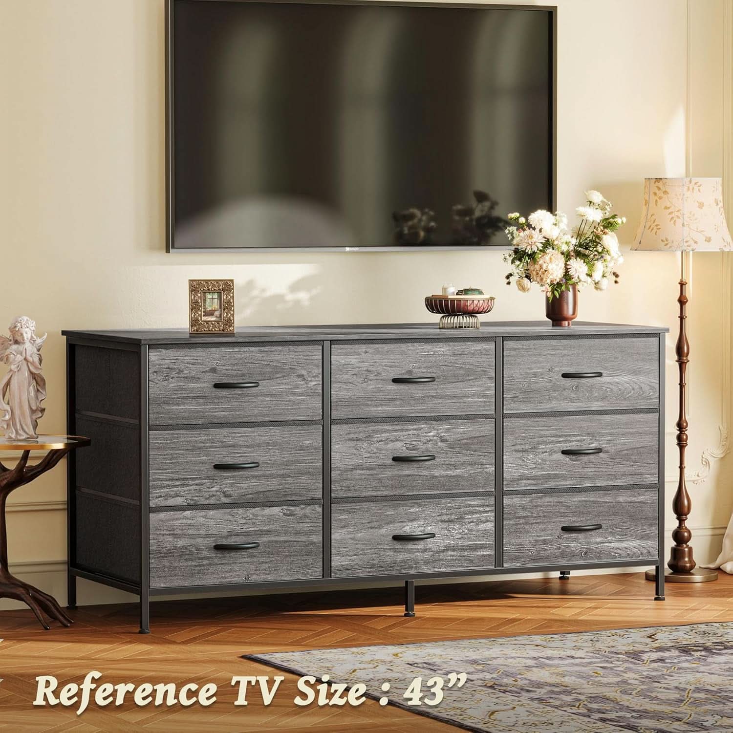 9 Drawer Dresser And TV Stand, Gray, 47 Inch Entertainment Center