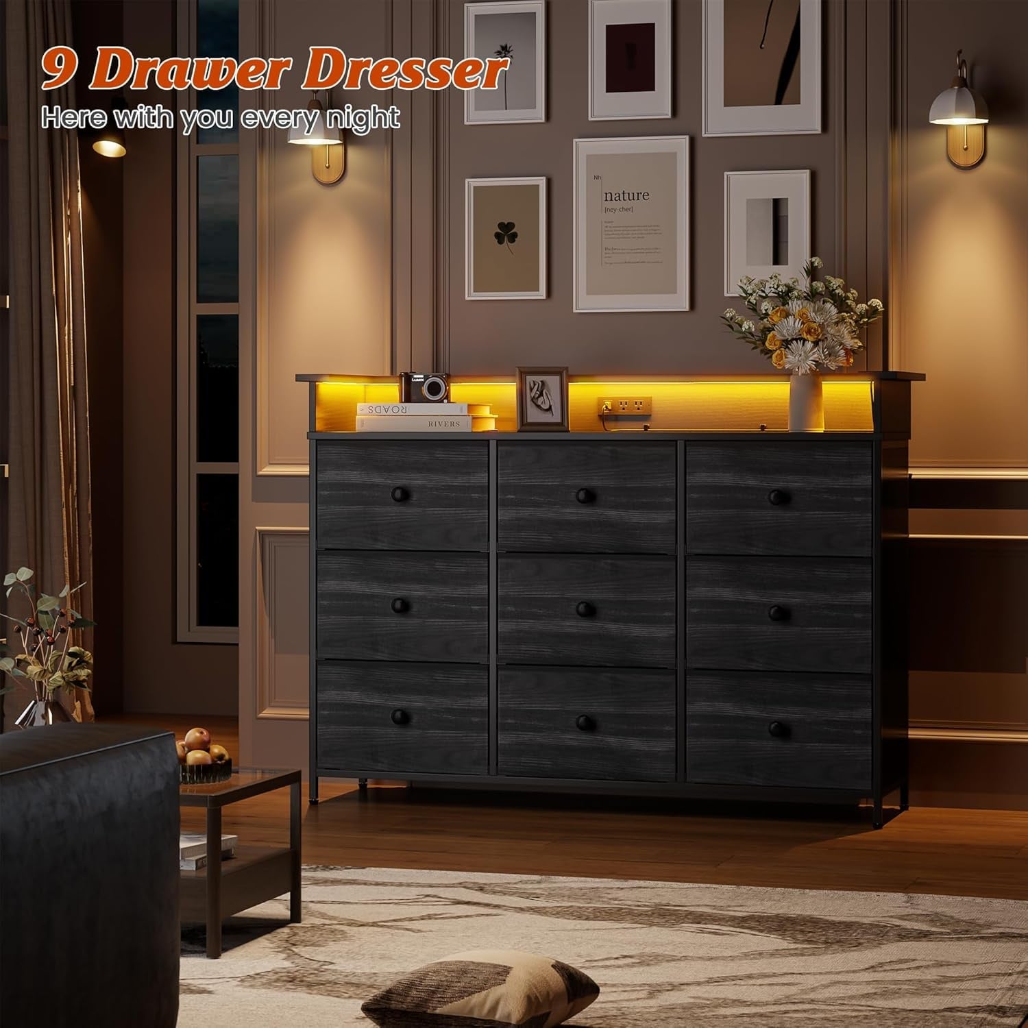 9 Drawer Dresser And TV Stand With LED Light For Bedroom