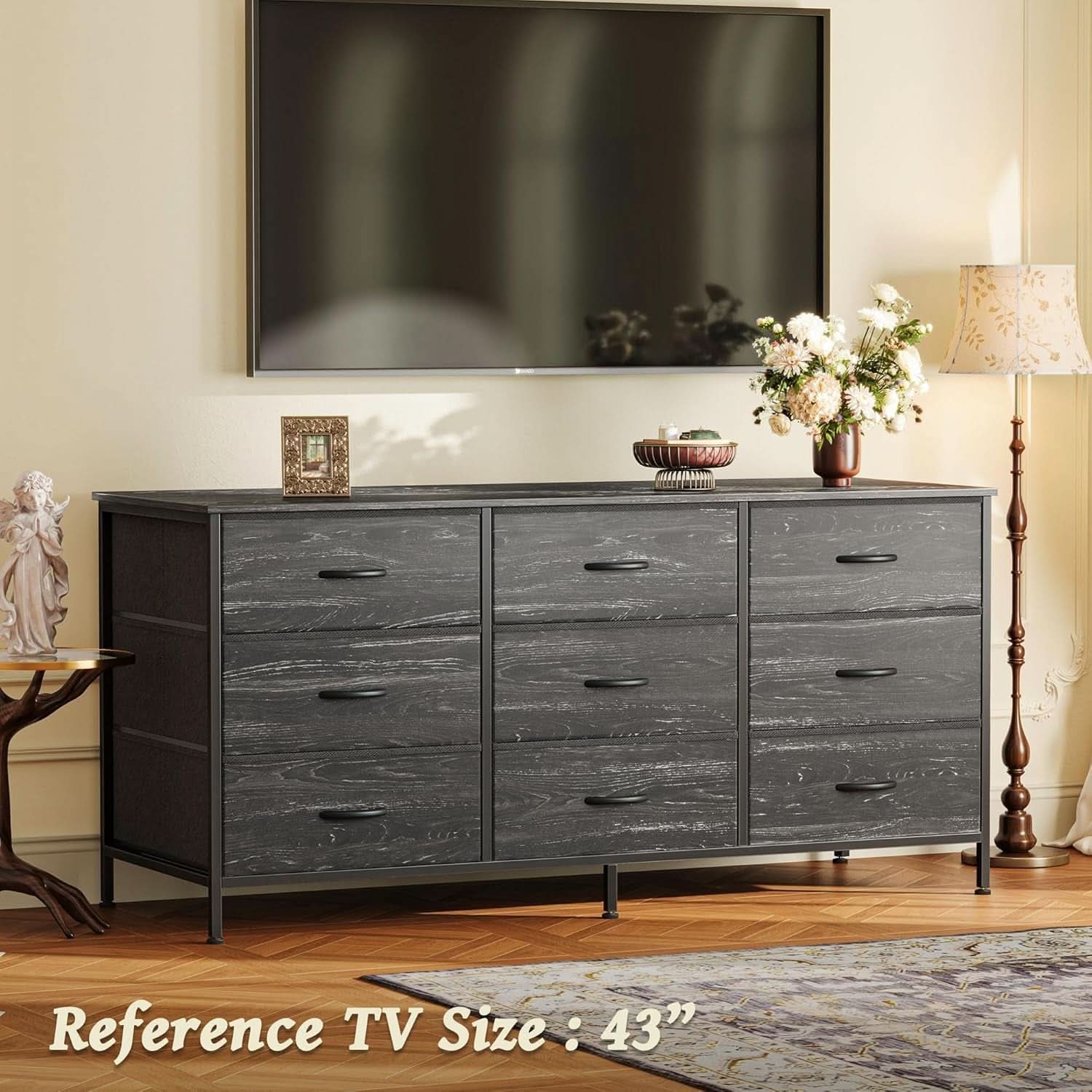 9 Drawer Dresser TV Stand For 55 Inch TV Charcoal Wood Grain