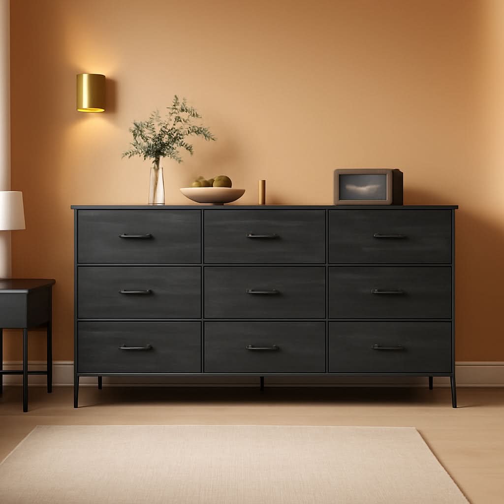 9 Drawer Dresser TV Stand For 55 Inch TV Charcoal Wood Grain