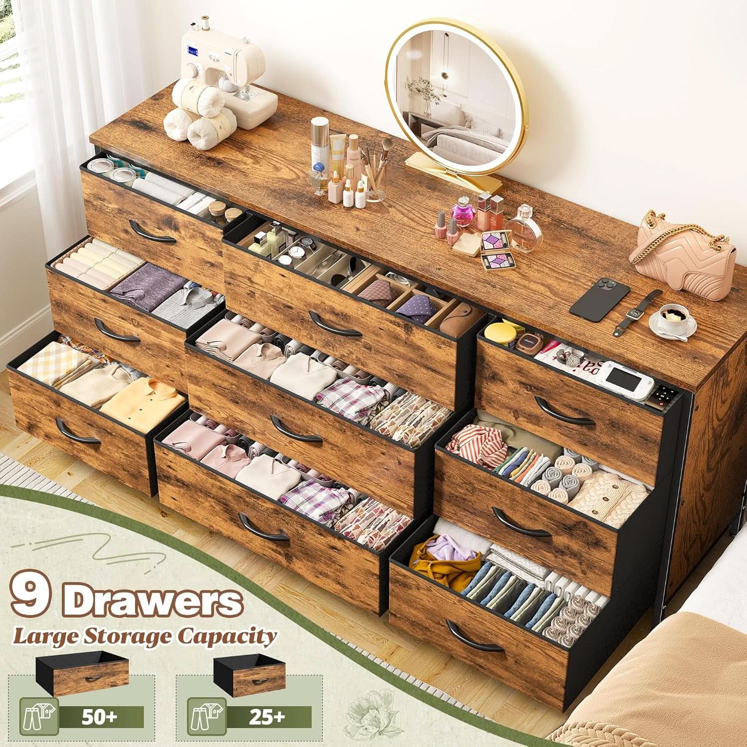 9 Drawer Dresser TV Stand For 60 Inch TV Modern Console