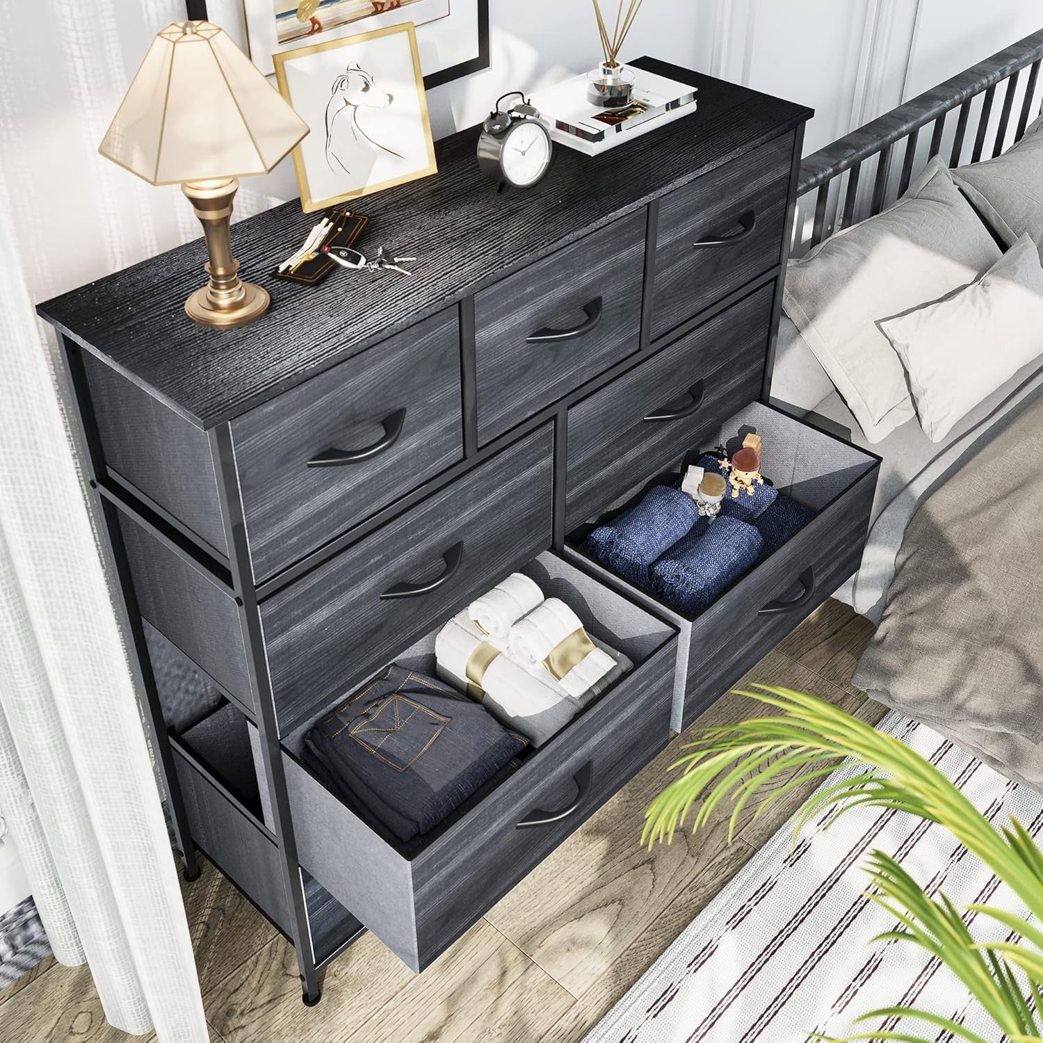 9 Drawer Dresser With Fabric Storage Tower And Wooden Top