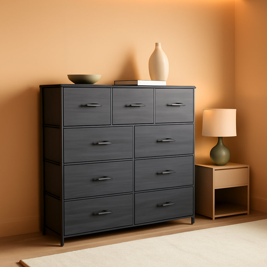 9 Drawer Dresser With Fabric Storage Tower And Wooden Top