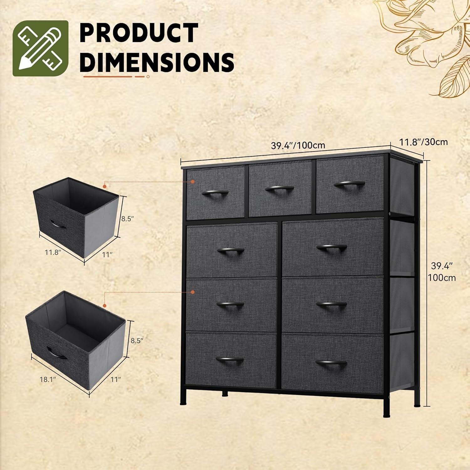 9 Drawer Fabric Dresser With Steel Frame And Wooden Top