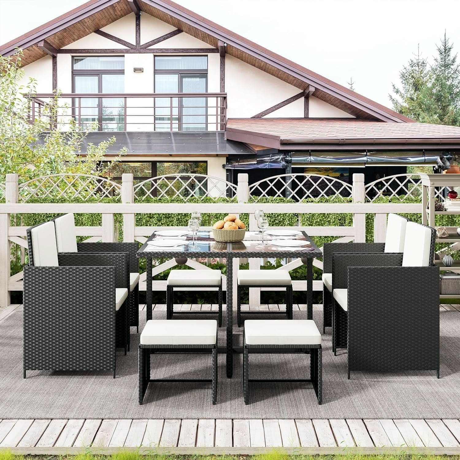 9 Piece Patio Dining Set Black White For Outdoor Use